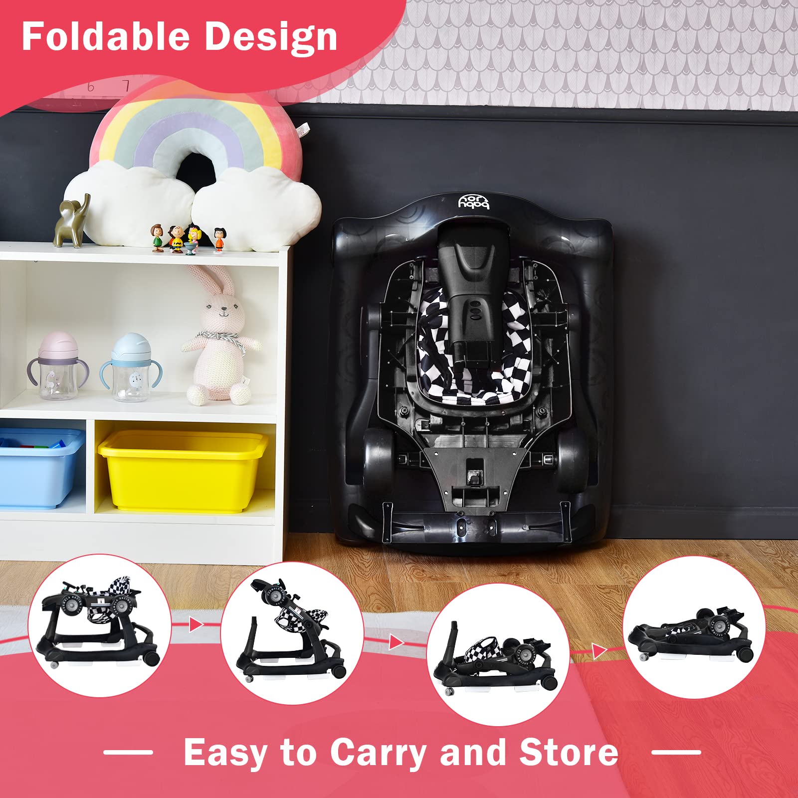 BABY JOY 4-in-1 Foldable Baby Walker with Adjustable Height & Speed - Musical Light-Up Activity Walker with Anti-Rollover Wheels for Toddlers 6-18 Months (Black) | Perfect for Learning to Walk, Indoor Play & Early Development