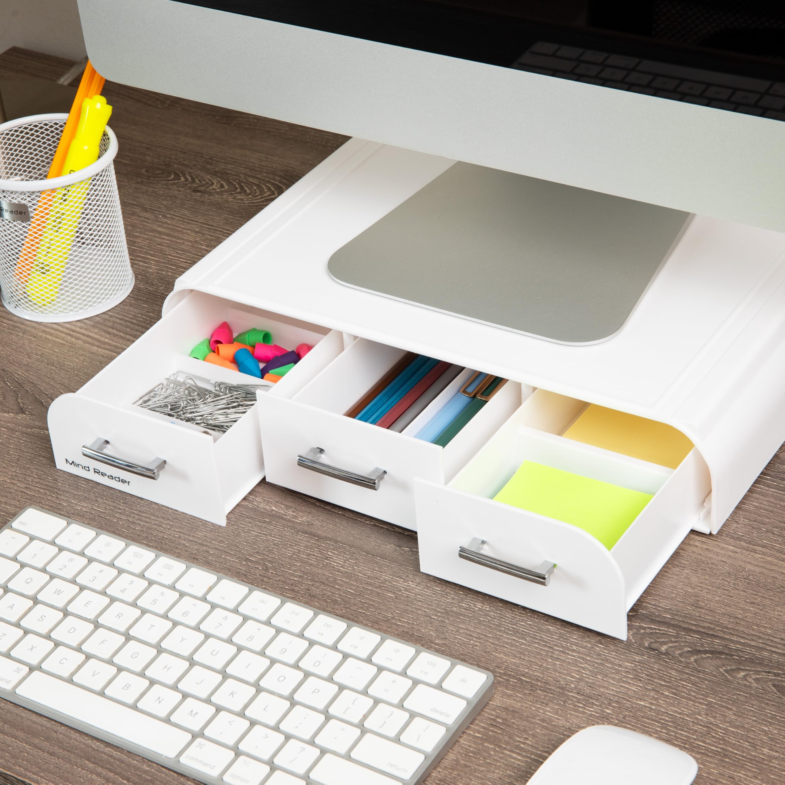 Mind Reader Adjustable PC Laptop Monitor Stand with Storage Organizer - White | Ergonomic Riser for iMac, Desktop Computers & Home Office Workspace