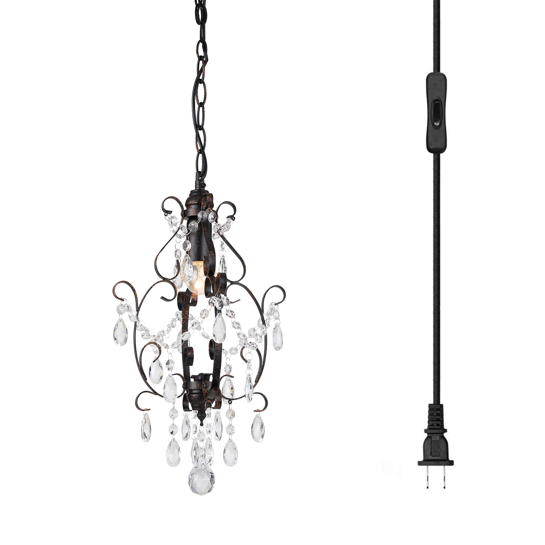 Mini Bronze Crystal Plug-in Chandelier - 1-Light Hanging Fixture with 14.27 Ft Cord & On/Off Switch for Bedroom, Dining Room, Living Room | Elegant Lighting for Home Decor, Weddings & Special Events