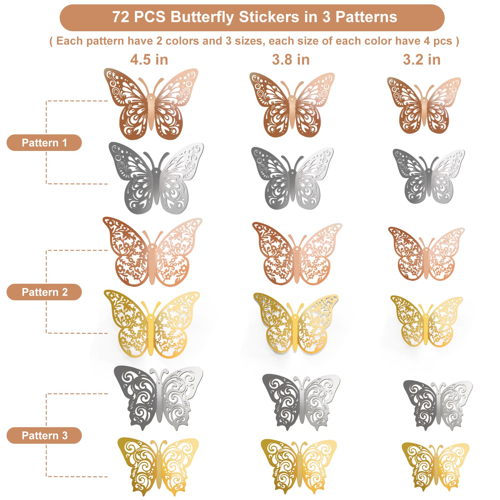 72 Pcs 3D Butterfly Decorations - 3 Sizes & Styles (Rose Gold, Gold, Silver) for Wall, Party, Birthday, Crafts & Cake Decorating | DIY Home & Event Decoration