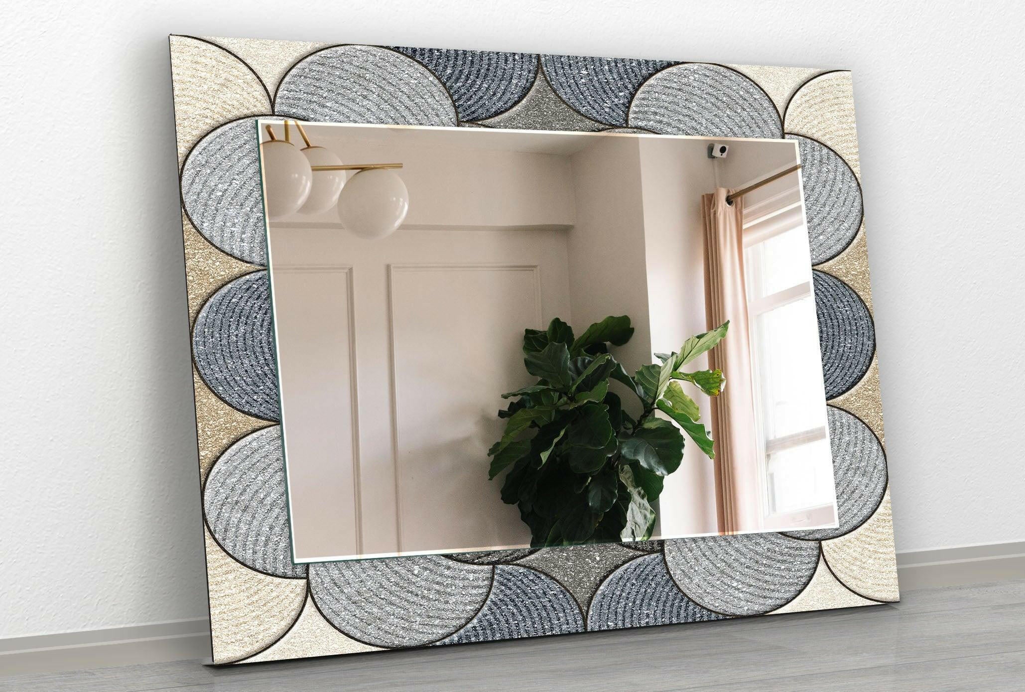 Modern Beige and Gray Circles Design Wall Mirror - Stylish Round Decorative Mirror for Living Room, Bedroom, or Entryway Decor