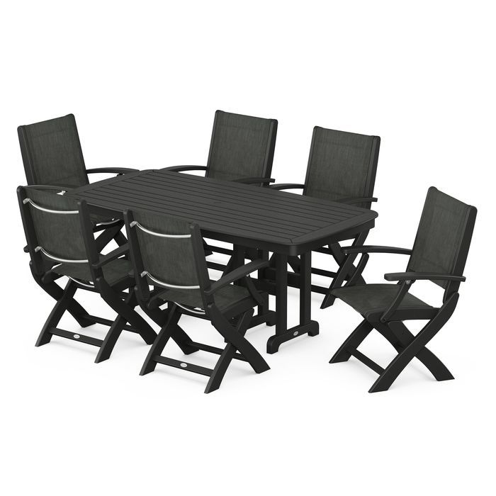 POLYWOOD Coastal Folding Arm Chair 7-Piece Outdoor Dining Set - Perfect for Patio, Deck, Poolside & Beachfront Entertaining
