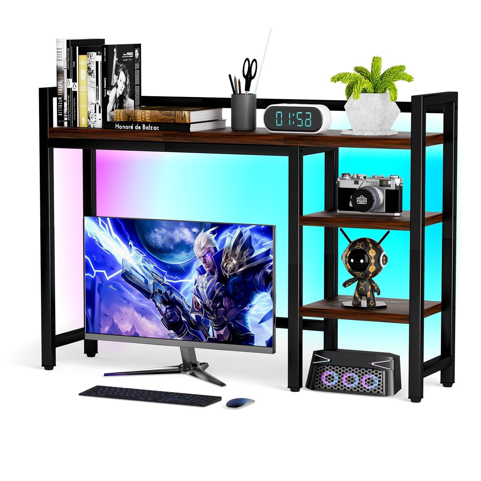 4-Tier Wooden Desk Hutch with 16-Color RGB LED Light Strip - 38.5