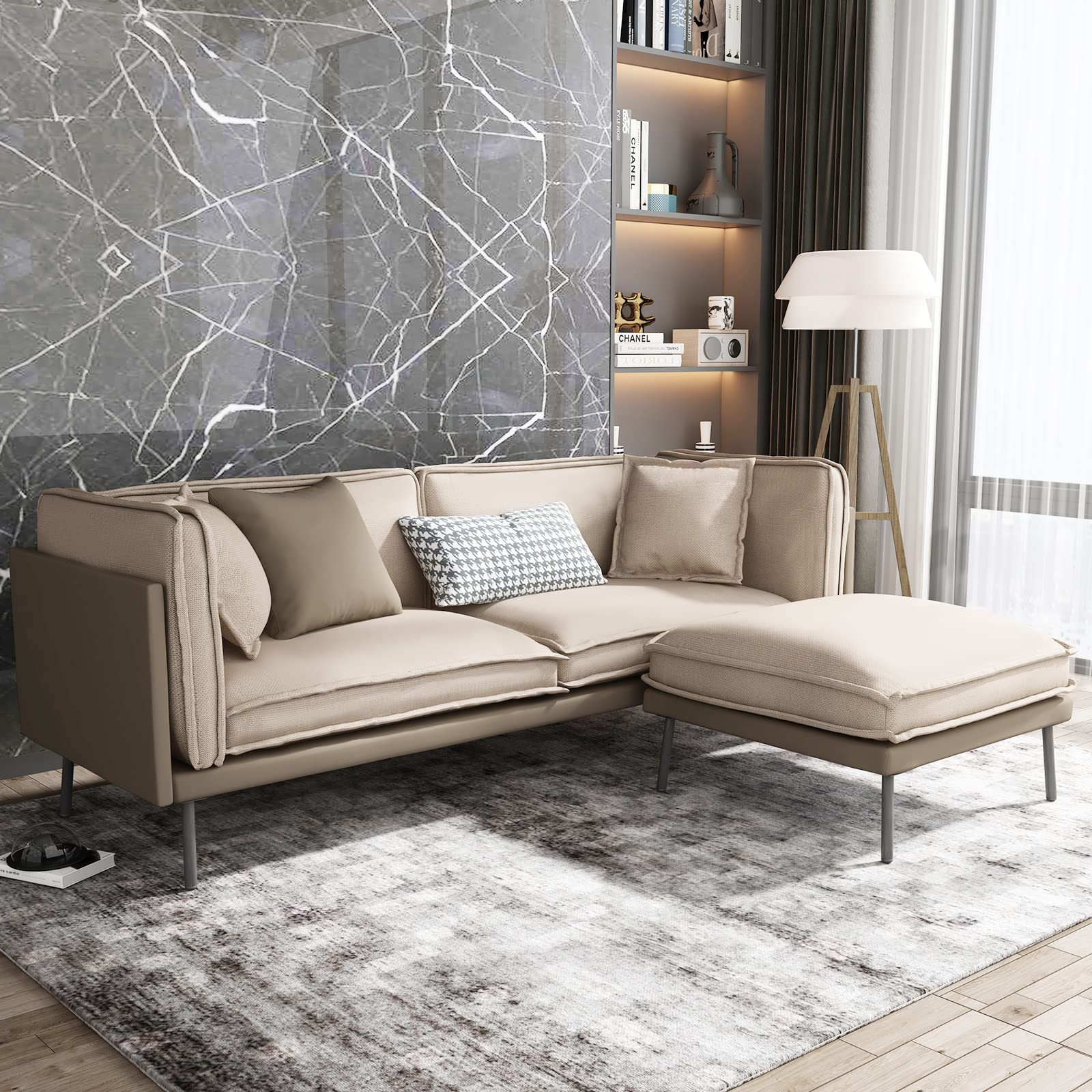 BALUS L-Shaped Sectional Sofa - Modern Linen Fabric & Faux Leather Couch for Small Living Room Spaces, Comfortable Lounge Furniture (Brown) | Perfect for Apartments, Condos & Cozy Home Decor