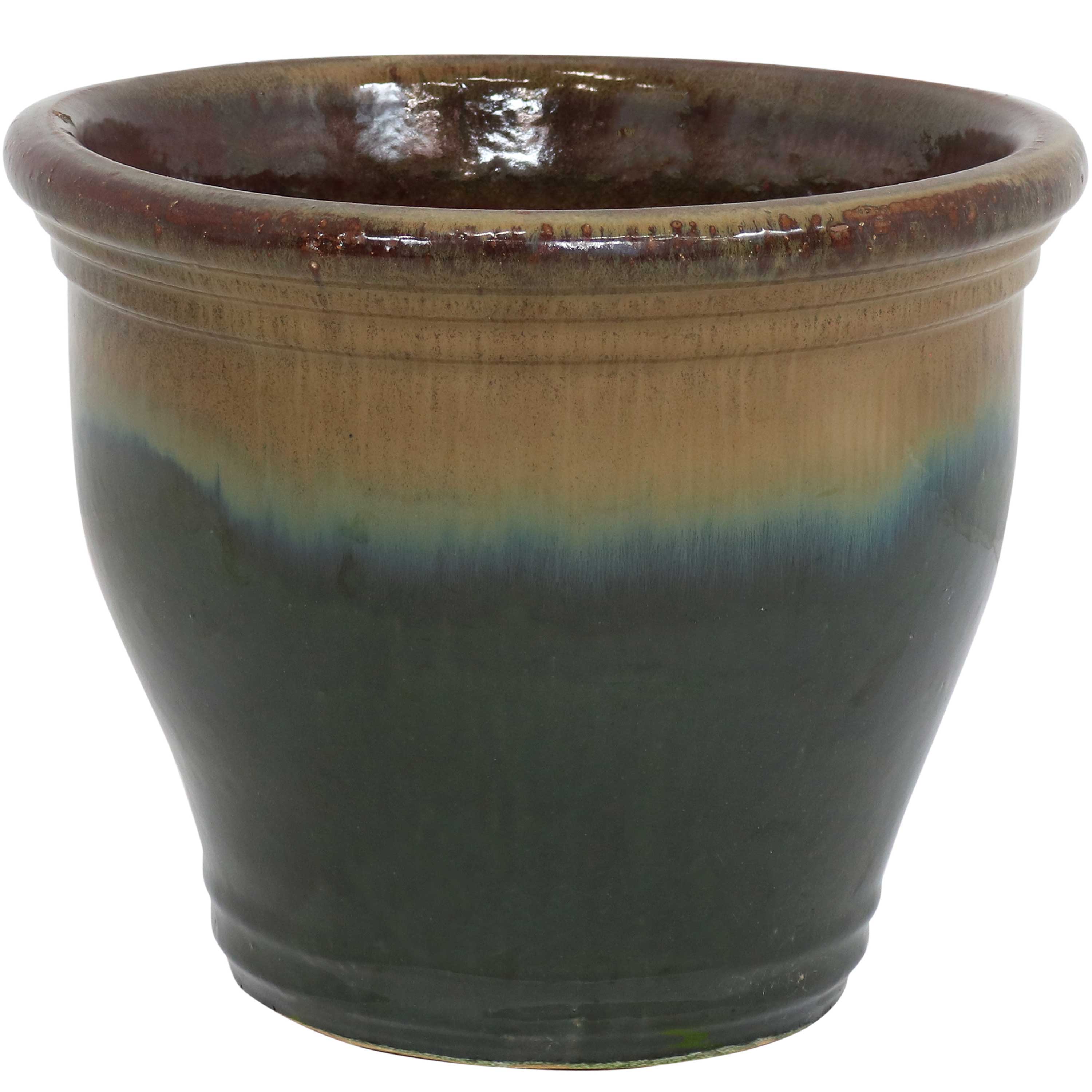 Sunnydaze Studio Round Glazed Ceramic Planter with Drainage Hole - Indoor Outdoor Flower Pot for Plants, Succulents, Herbs - Perfect for Patio, Garden, Balcony Decor