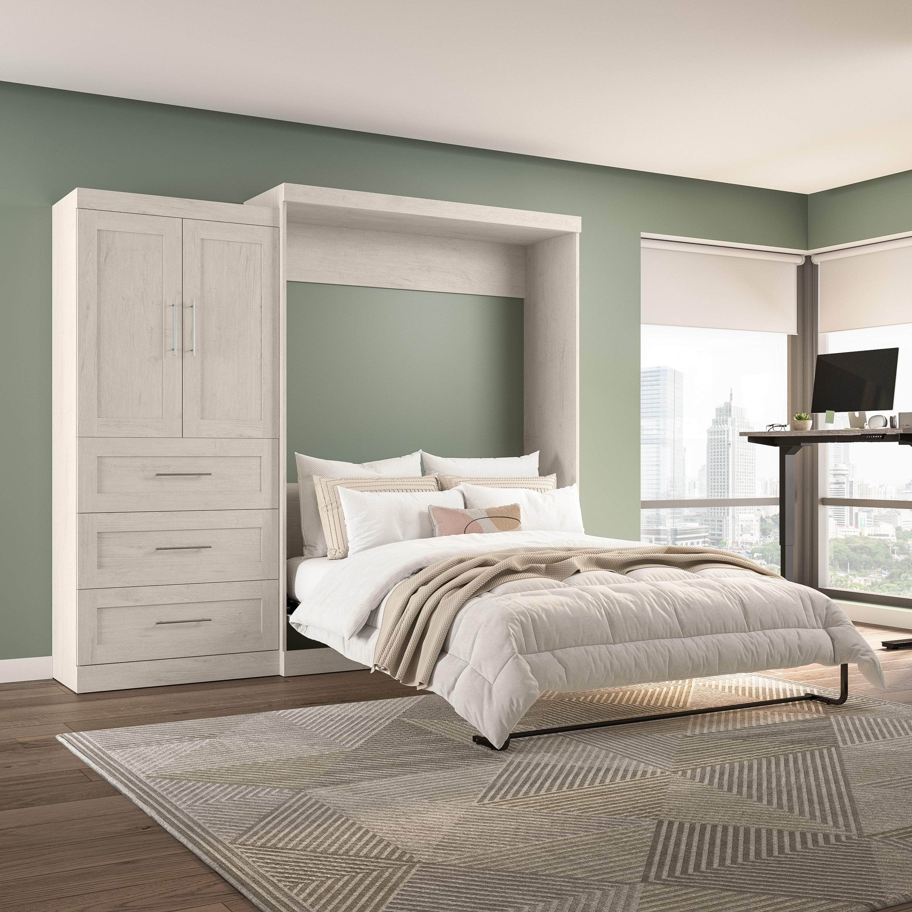 Pur Queen Murphy Wall Bed with Storage Drawers (101 Inch) - 4 Color Options | Space-Saving Wall Bed for Small Apartments, Guest Rooms & Home Offices