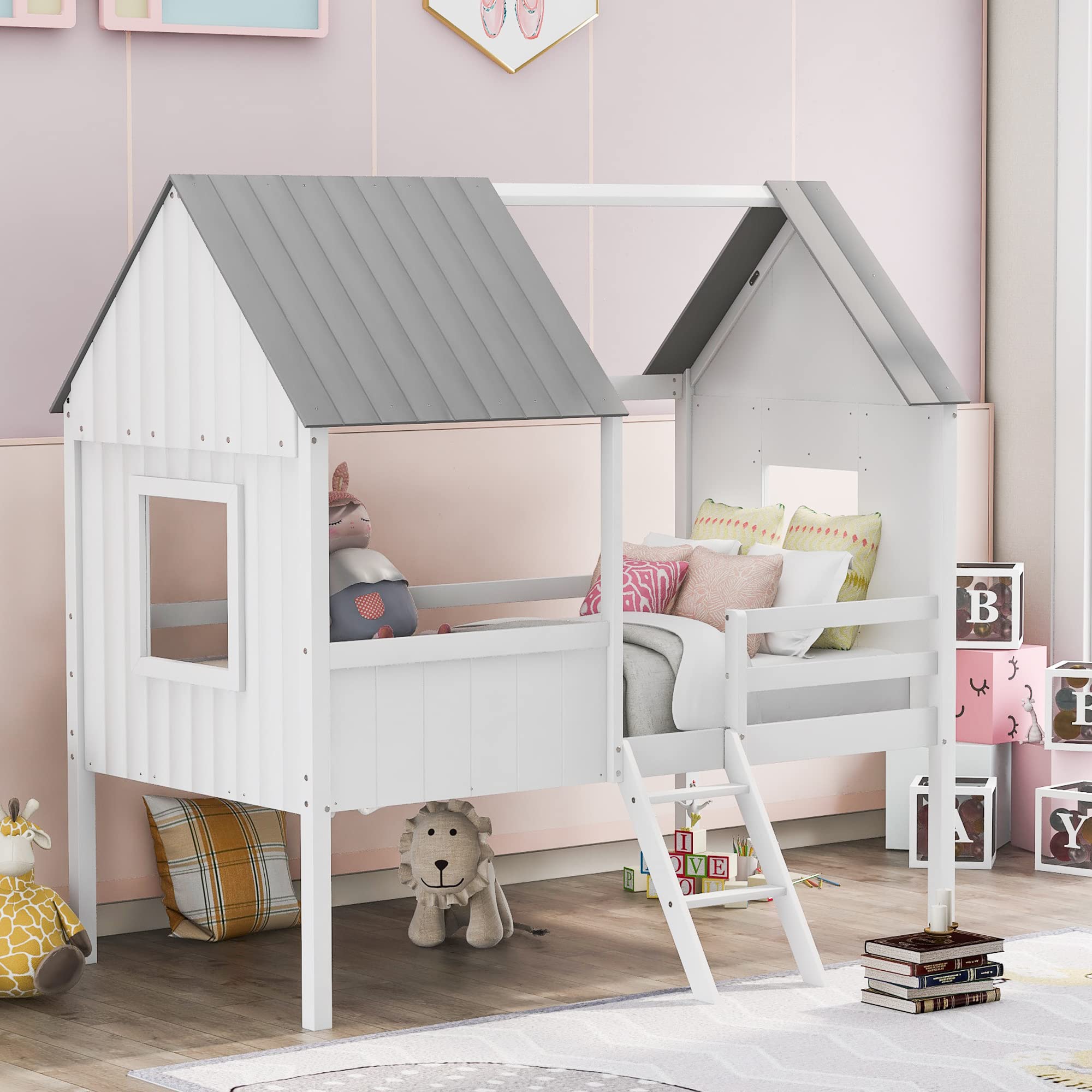 Harper & Bright Designs Twin Size Wooden House Bed Frame for Kids & Teens - Low Loft Bed with Side Windows & Roof - No Box Spring Needed (White+Gray) - Perfect for Small Bedrooms, Playrooms & Kids' Sleepovers