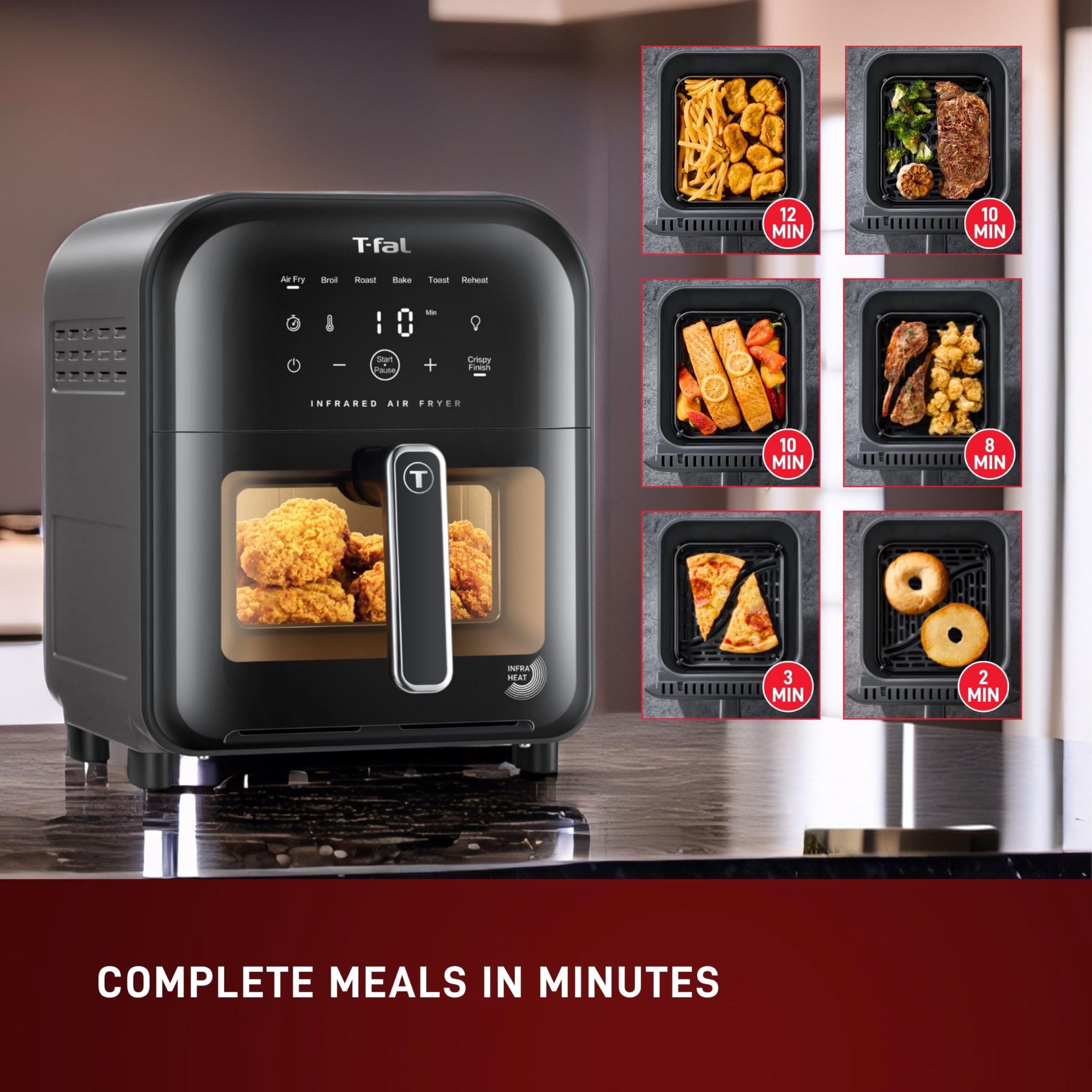 T-fal 6 Qt Digital Air Fryer with Touch Screen - 7-in-1 Cooking Functions, 1550W Fast Heating to 750°F in 45 Seconds, Carbon Fiber Heater & No-Shake Technology for Crispy Results - Perfect for Healthy Frying, Baking, Roasting in Kitchens & Small Spaces (Black)