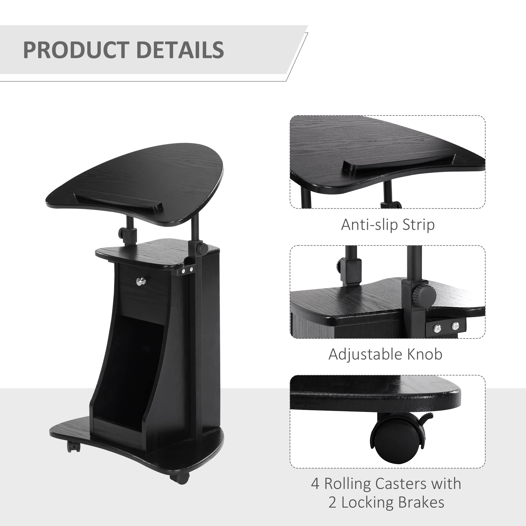 HOMCOM Adjustable Mobile Laptop Cart - Rolling Sit to Stand Computer Desk with Swivel Top, Storage Drawer & Wheels - Black | Perfect for Home Office, Classroom & Hospital Use