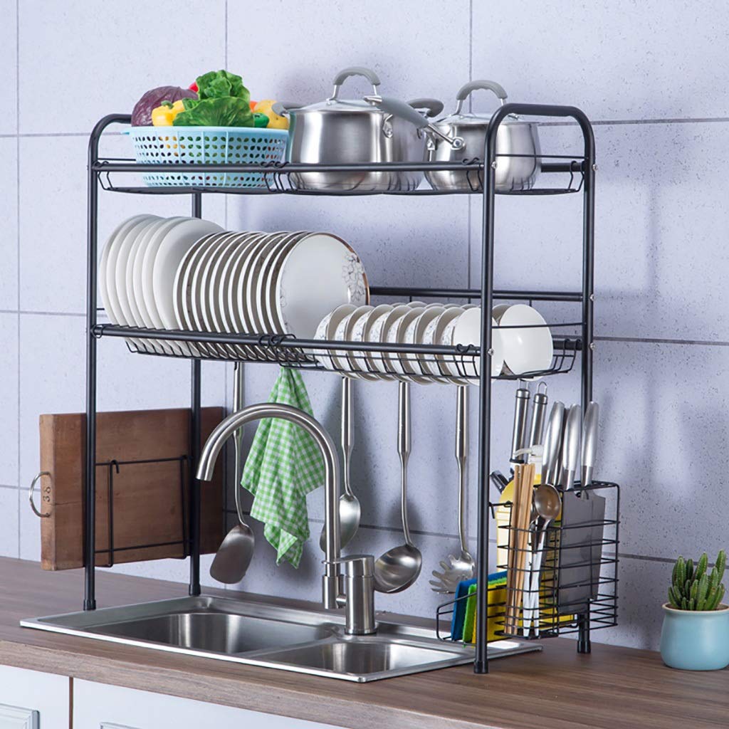 2-Tier Black 304 Stainless Steel Dish Drainer Rack - Over The Sink Kitchen Organizer with Space-Saving Design (84x28x82cm) - Perfect for Small Kitchens, Apartments & RVs