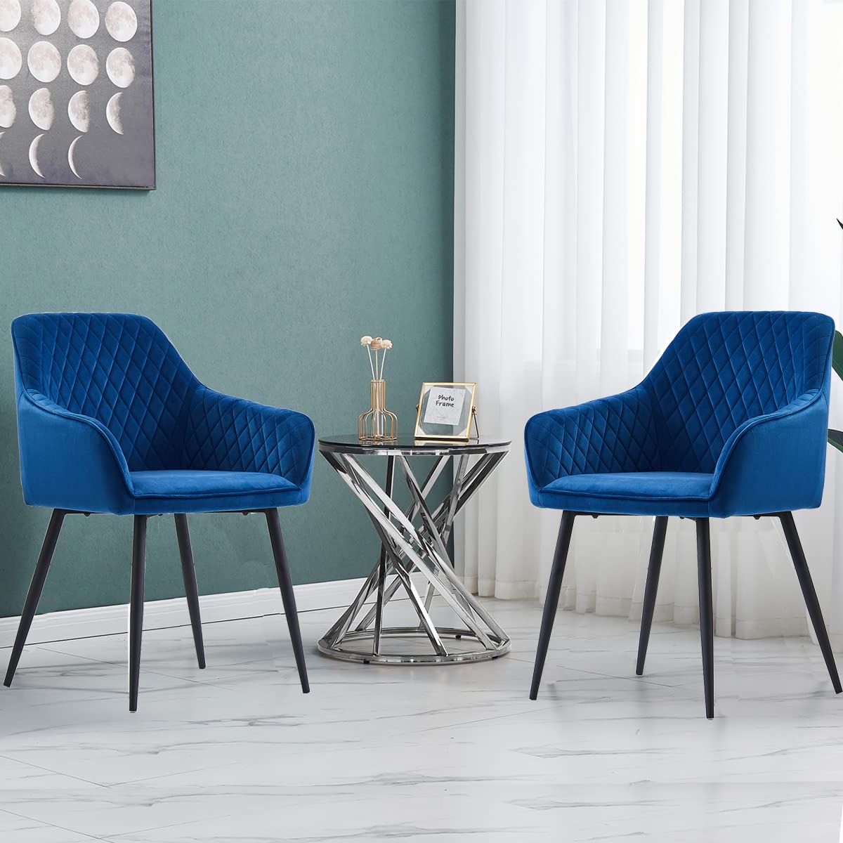 Luxury Blue Velvet Dining Chairs Set of 2 - Modern Upholstered Kitchen Chairs with Black Metal Legs - Perfect for Dining Room, Breakfast Nook & Small Space Decor