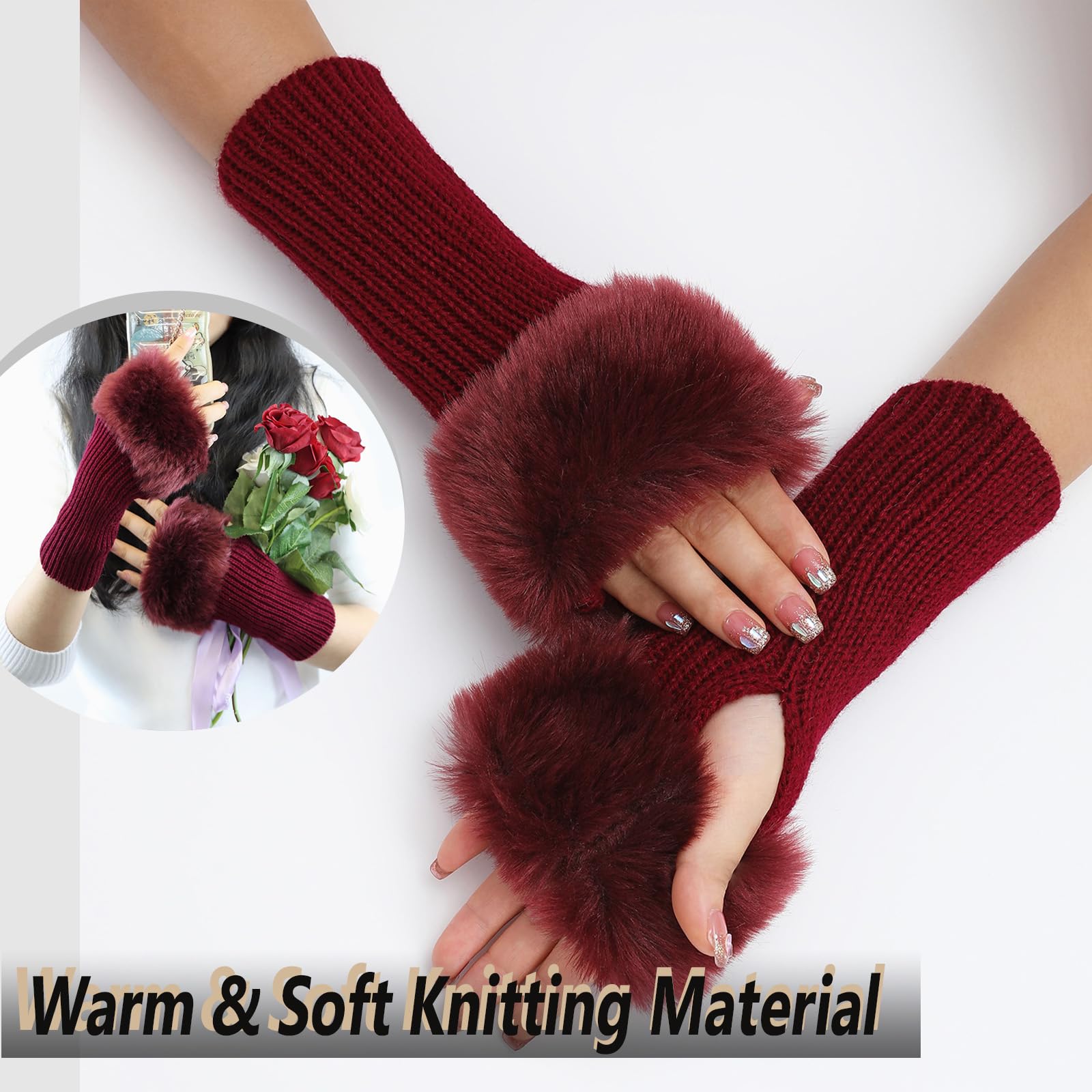 Winter Fingerless Gloves for Women - Knitted Arm Warmers with Thumb Hole & Faux Fur Wrist Cuff | Cozy Hand Mittens for Outdoor Activities, Office Work, and Cold Weather Fashion