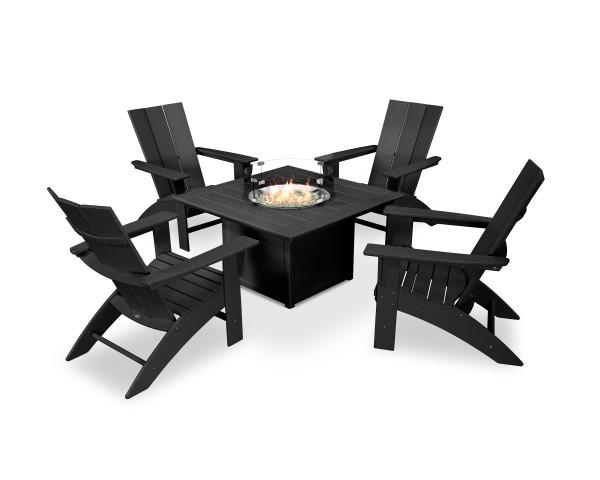 Polywood Black Modern Curveback Adirondack 5-Piece Outdoor Conversation Set with Fire Pit Table - Perfect for Patio, Garden, and Backyard Relaxation