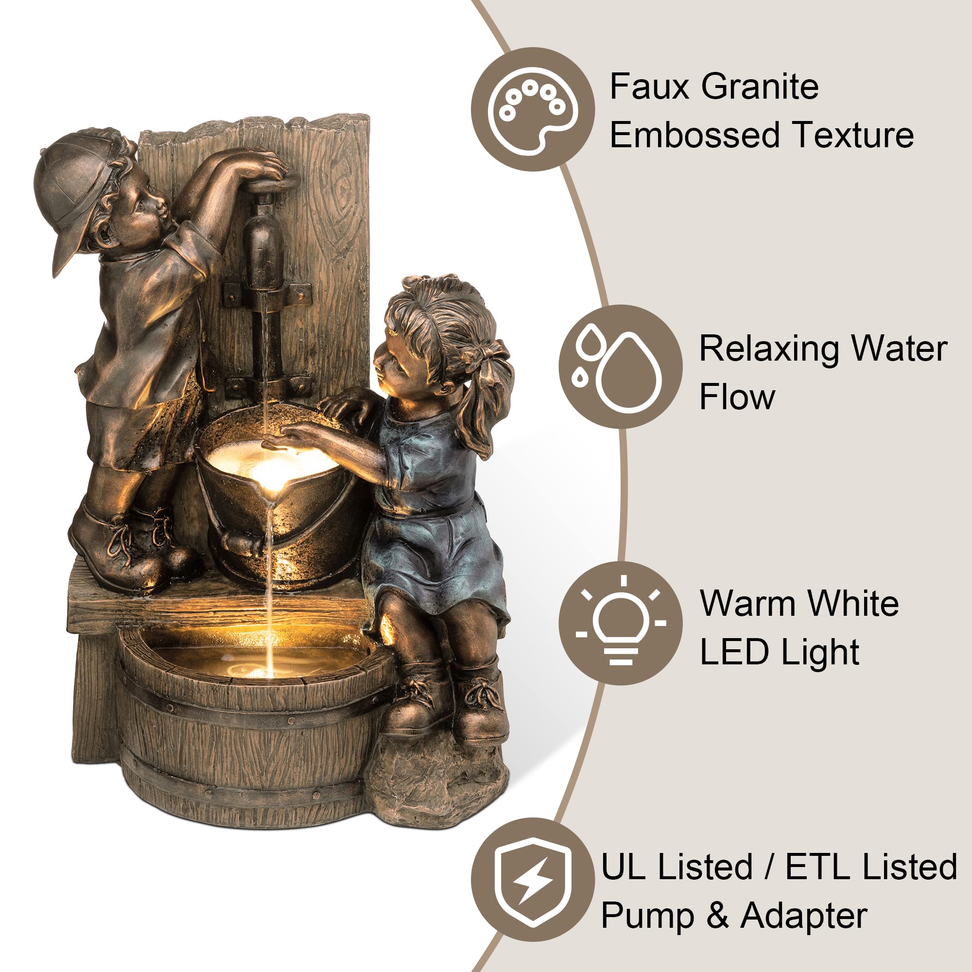 Glitzhome Bronze Outdoor Water Fountain with LED Lights & Pump - Decorative Garden Waterfall for Patio, Yard & Landscape | Relaxing Ambience for Backyard & Outdoor Spaces