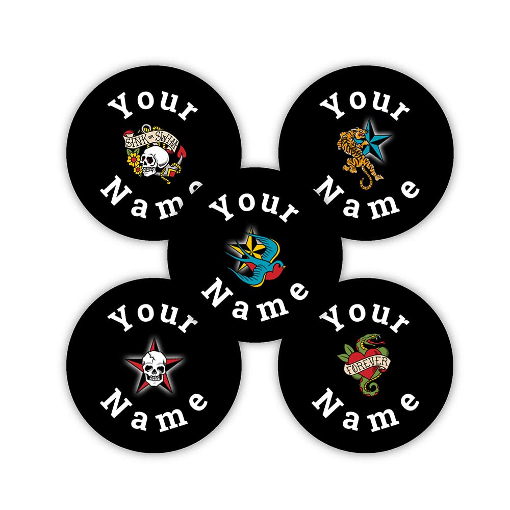 30 Round Personalized Waterproof Name Stickers - Custom Tattoo-Themed Labels - Dishwasher & Microwave Safe - Perfect for School Supplies, Daycare Items & Camping Gear Organization