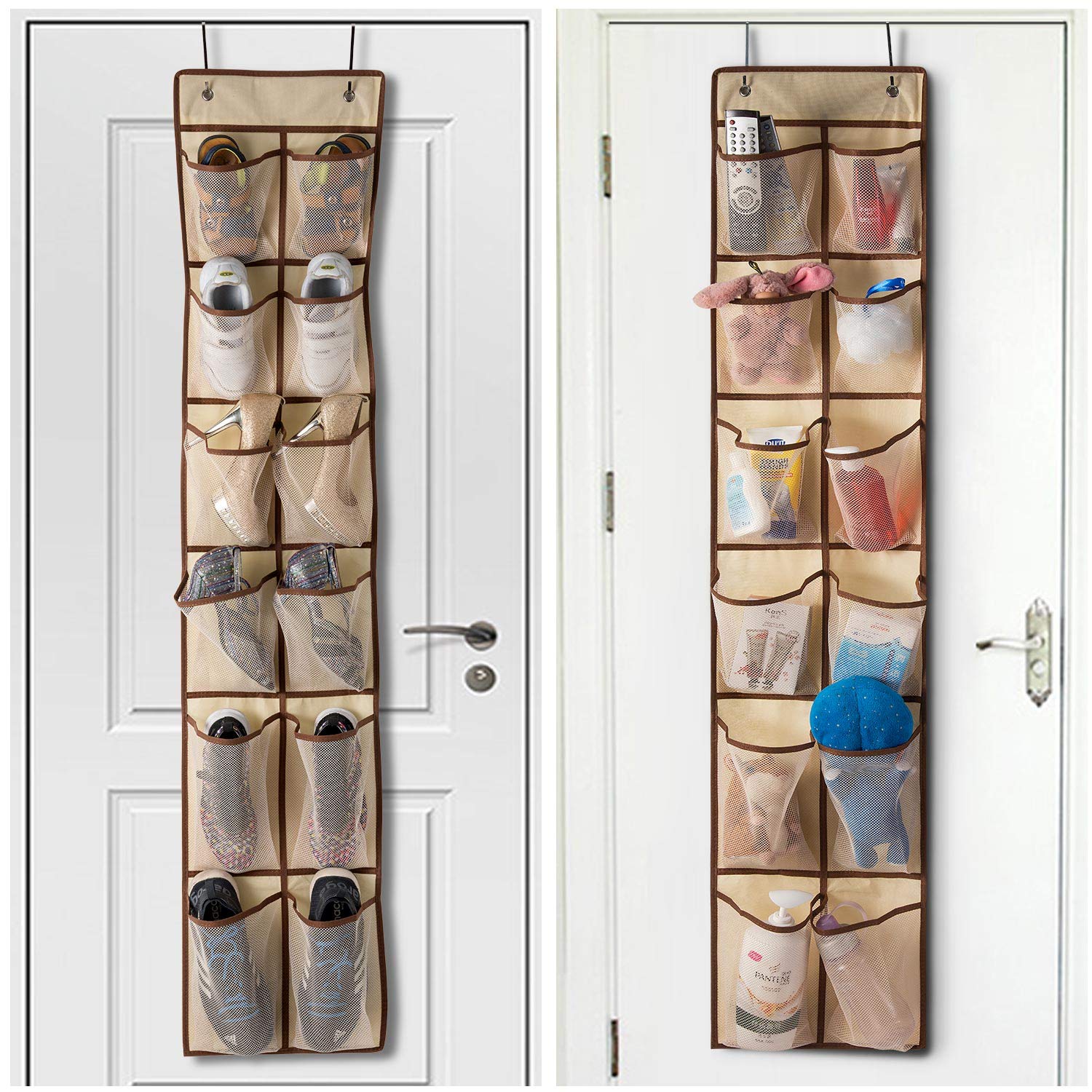 KEEPJOY Over The Door Hanging Shoe Organizer with 12 Mesh Pockets - Space Saving Closet Storage for Men, Women & Kids Shoes - 57.5×12.6 Inch Beige - Perfect for Bedrooms, Dorm Rooms and Entryway Organization