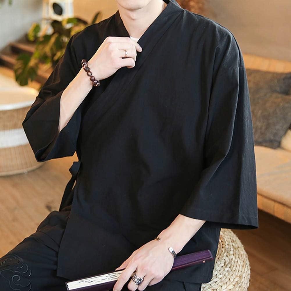 StarDY Men's Chinese Style Linen Cardigan Jacket - Loose Kimono Jacket with Self-Tie Belt, Solid Color Hanfu Traditional Clothing for Meditation, Tea Ceremony & Cultural Events