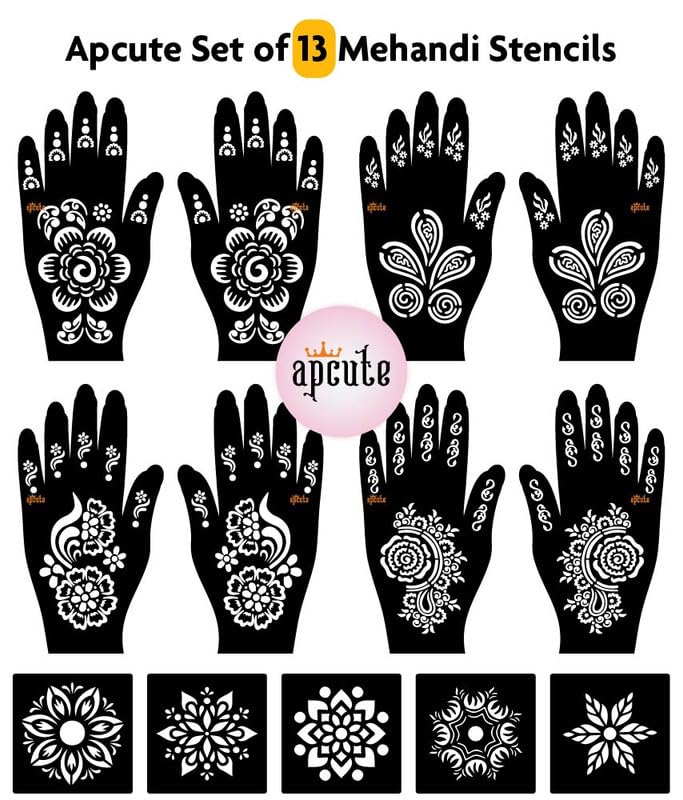 APCUTE 13-Piece Mehndi Stencil Kit | Temporary Henna Tattoo Templates for Full Hand Designs - Easy 4-Step Application for Women & Girls | Perfect for Weddings, Festivals & Cultural Celebrations