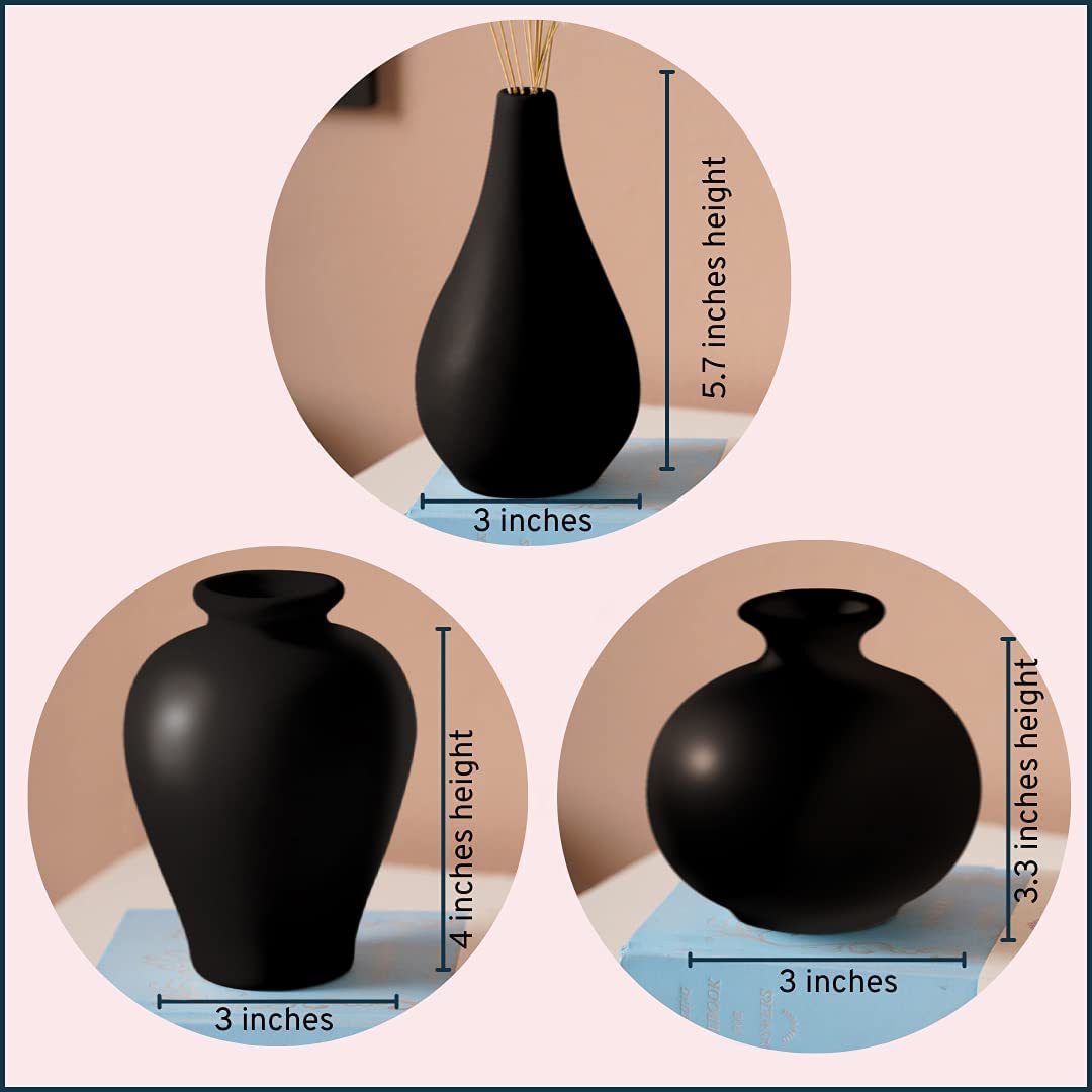 3-Piece Black Ceramic Bud Vase Set - Small Round Decorative Vases for Wedding, Shelf & Home Decor - Perfect for Pampas Grass, Fresh Flowers & Centerpieces