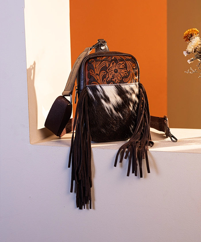 Genuine Hair-On Cowhide Fringe Sling Bag - Hand-Tooled Leather Crossbody Purse for Women | Western Boho Fashion Accessory | Perfect for Concerts, Festivals & Everyday Use