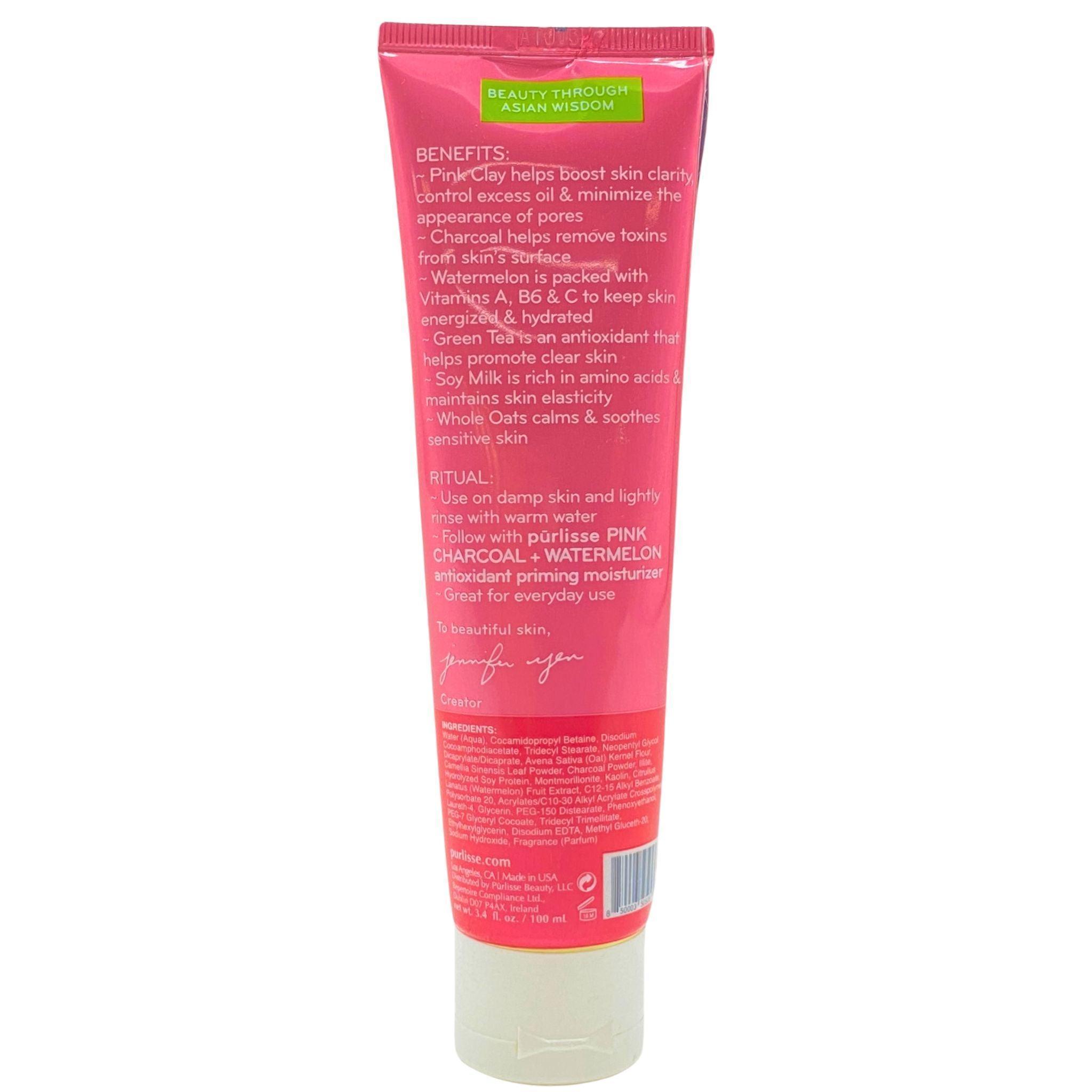 Purlisse Pink Charcoal & Watermelon Purifying Cleanser - 3.4oz Cleansing Milk for Acne-Prone & Oily Skin - Deep Pore Detox Facial Wash (Pack of 55) - Perfect for Daily Skincare Routine & Travel Size Toiletries