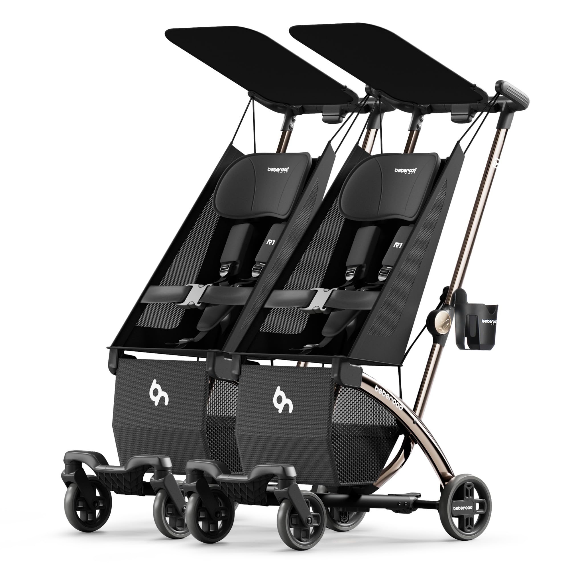 Beberoad Love R1 Auto-Folding Ultra Lightweight Double Stroller for Twins & Siblings (6-36 Months) - 23.5 lbs Side by Side Stroller, Converts to 2 Single Strollers - Perfect for Travel, Shopping & Outdoor Walks - Black
