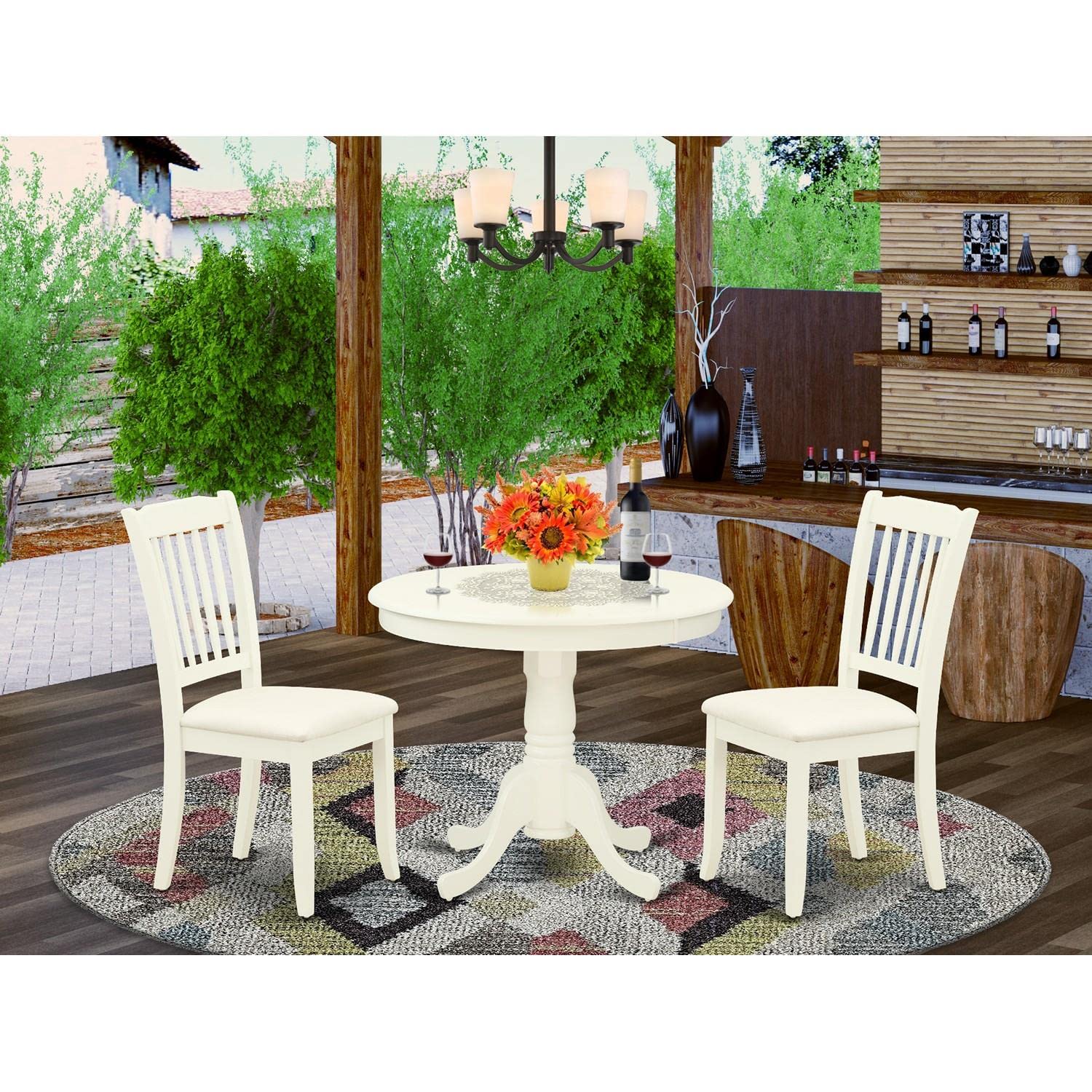 East West Furniture ANDA3-LWH-C 3-Piece Round Kitchen Table & Chairs Set with Pedestal Base & 2 Linen Upholstered Dining Chairs, 36x36 Inch, Linen White - Perfect for Small Dining Rooms, Breakfast Nooks & Cozy Apartments