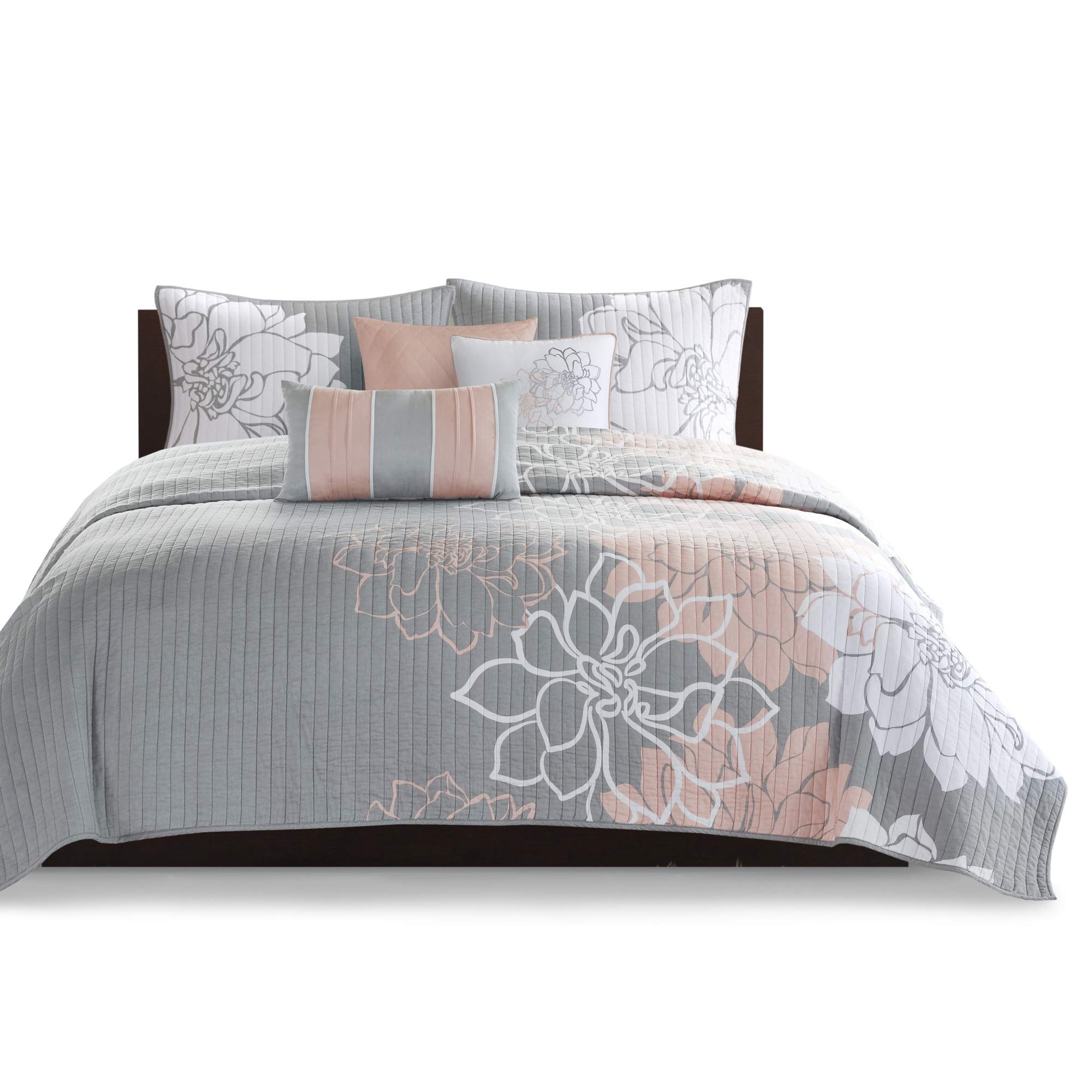 Madison Park Lola 100% Cotton Quilt Set - Floral Channel Stitch Design All Season Lightweight Bedspread with Shams & Decorative Pillows, Full/Queen Size (90x90 Inches), Blush 6-Piece Set | Perfect for Master Bedroom, Guest Room & Cozy Home Decor