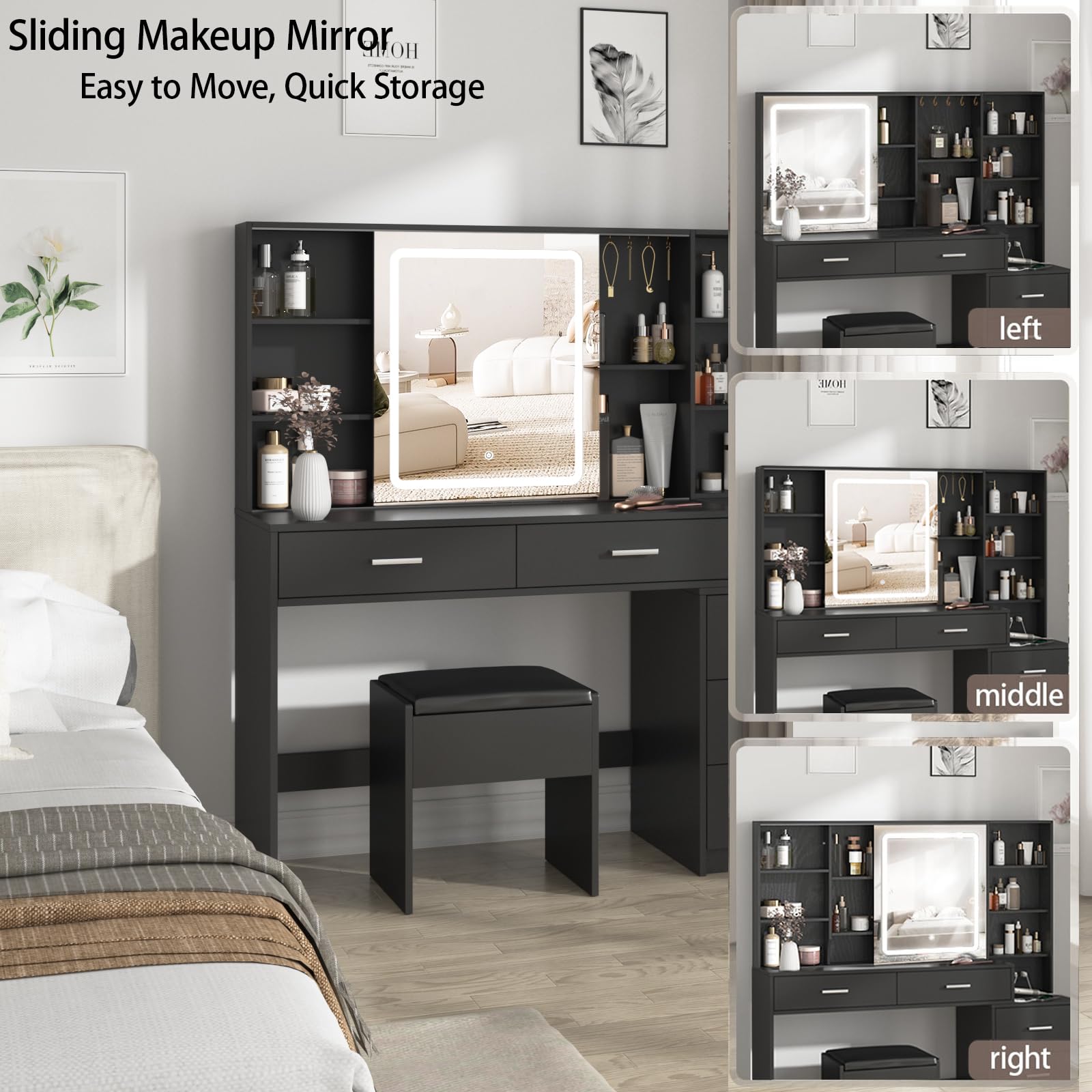 Fameill Makeup Vanity Desk with Sliding Mirror & 3-Color LED Lights, Vanity Table Set with Chair, 5 Drawers & Hooks, USB Charging Station - Perfect for Bedroom, Dressing Room & Beauty Salon (Black)