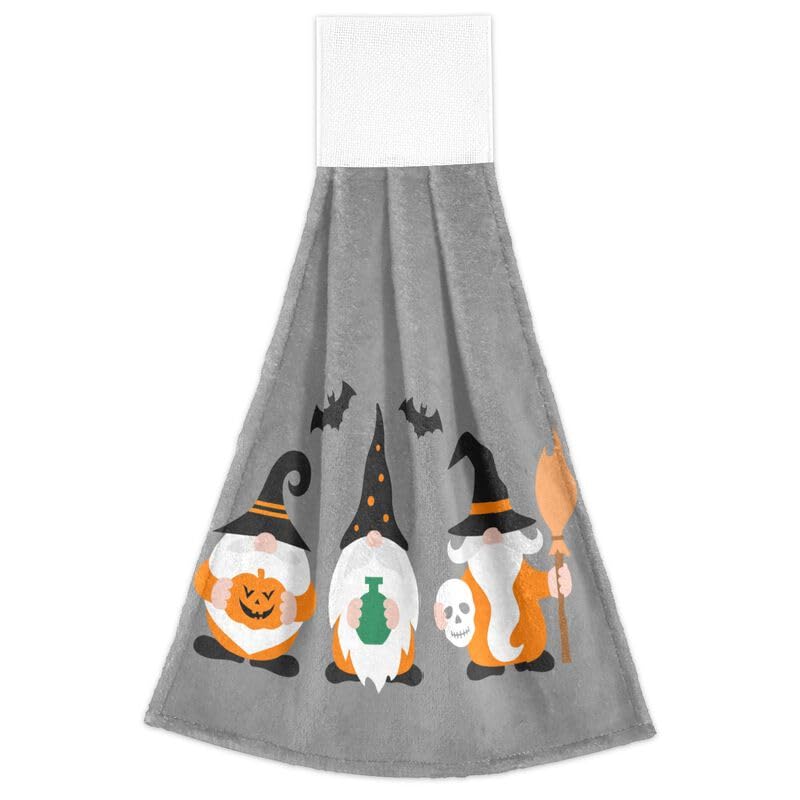 Halloween Gnomes & Bats Hanging Kitchen Towels Set of 2 - Pumpkin Skull Broom Design Absorbent Dish Cloths with Loops for Oven, Stove & Bathroom - Cute Halloween Home Decor for Kitchen, Party & Gift