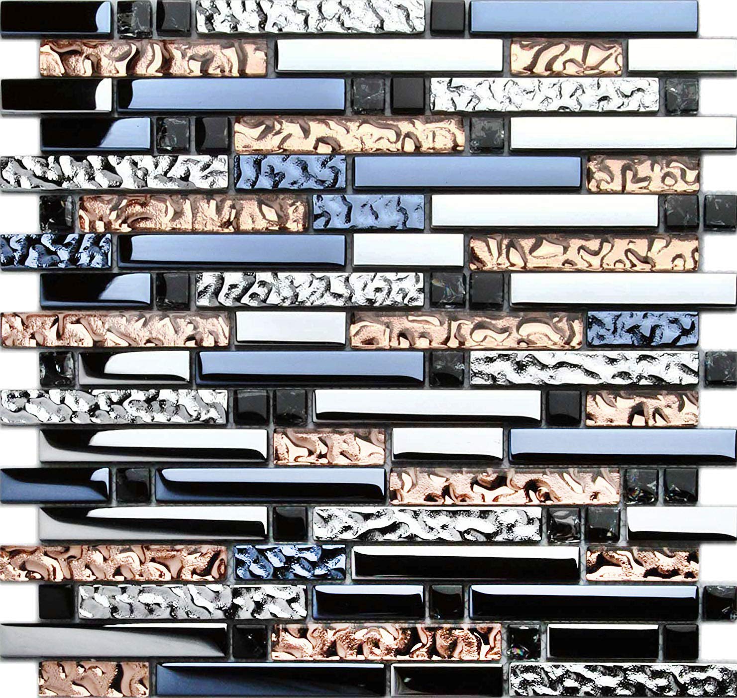 11-Sheet Dark Blue & Rose Gold Glass Mosaic Tile - Silver Coated Interlocking Backsplash for Kitchen, Bathroom & Fireplace - Crackled Black Crystal Design for Elegant Home Decor