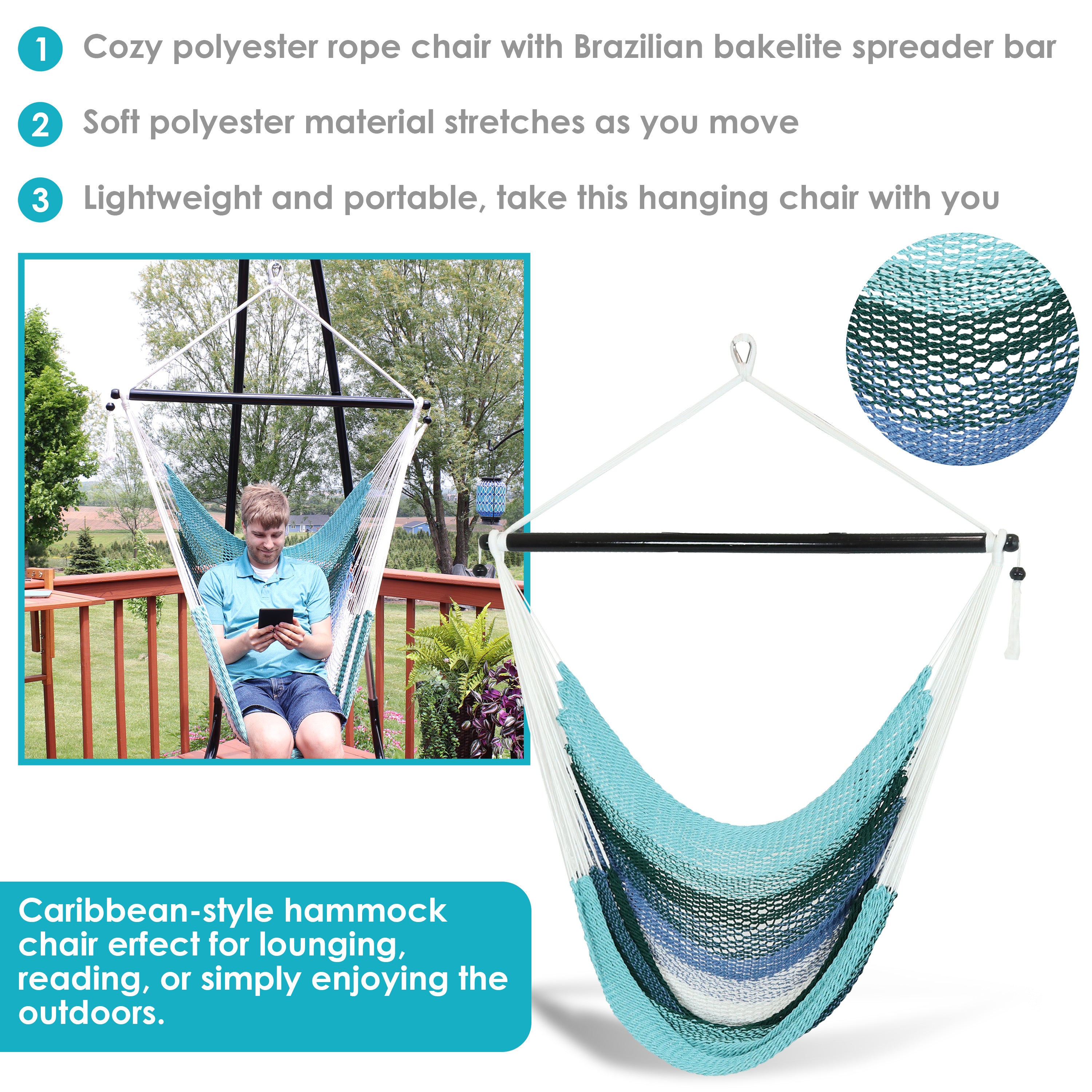 Sunnydaze Polyester Caribbean Hanging Hammock Chair - Lagoon Stripes Design for Indoor & Outdoor Relaxation - Perfect for Patio, Garden, Backyard, and Poolside Use