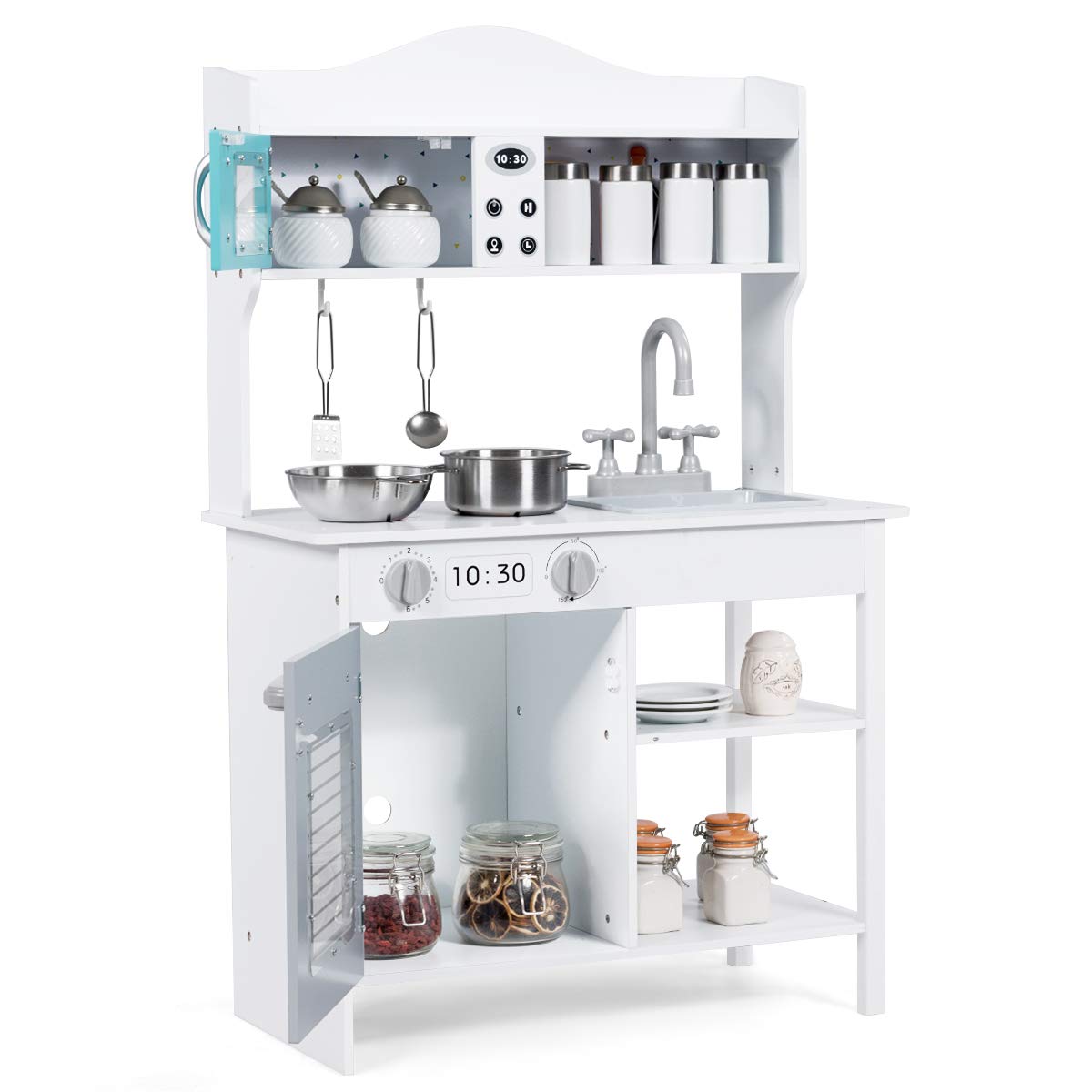 Costzon Wooden Play Kitchen Set for Kids - Pretend Play Cooking Toy with Sink, Oven, Microwave & Stove - Includes Pots, Utensils, Shelf & Cabinets - Great Gift for Toddlers Boys & Girls (Modern Style) - Perfect for Home Playroom, Preschool Learning & Birthday Gifts