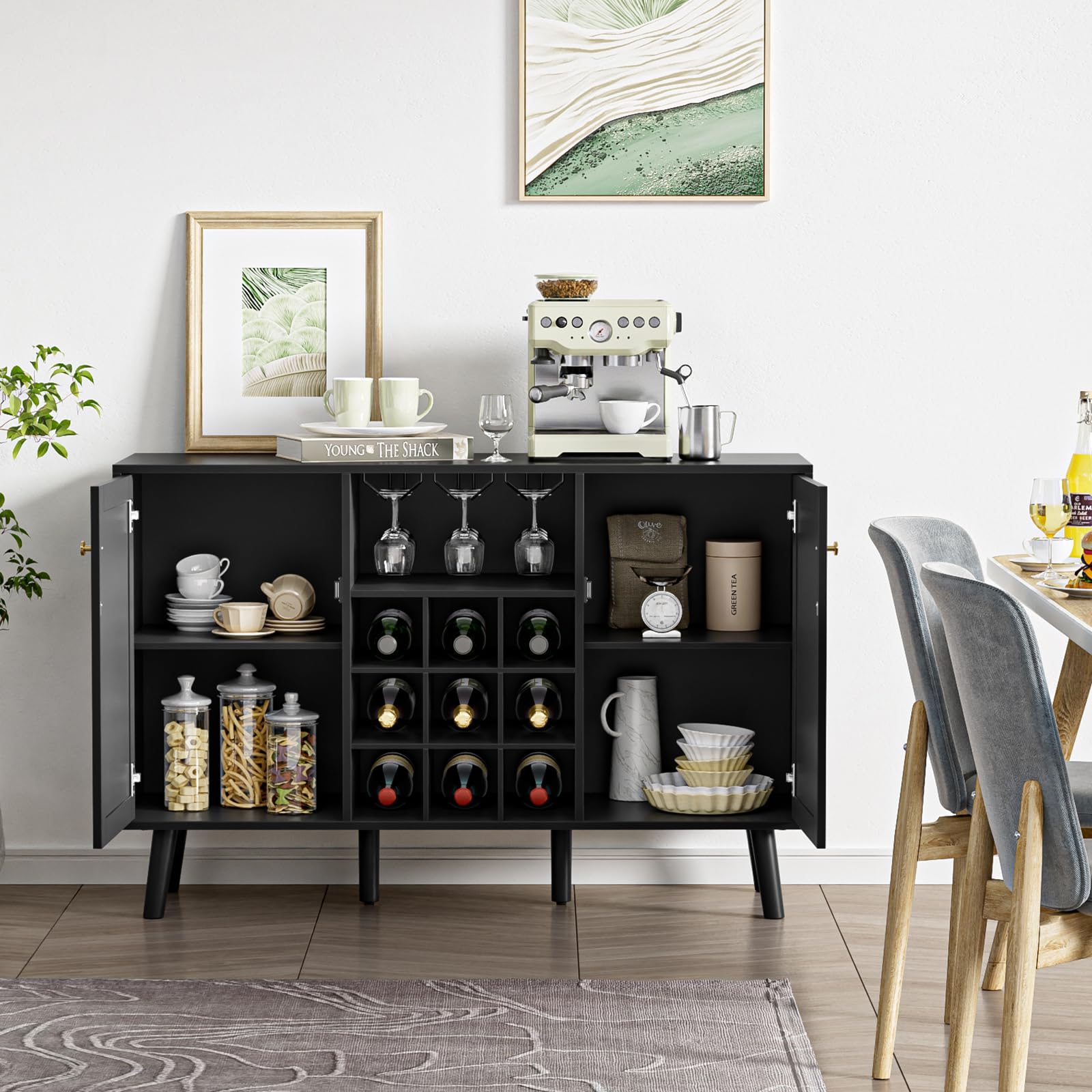 Giluta Kitchen Island - Farmhouse Style Coffee Bar Cabinet with Storage, Sideboard Buffet Cupboard for Dining Room & Kitchen, Black - Perfect for Small Spaces & Entertaining Guests