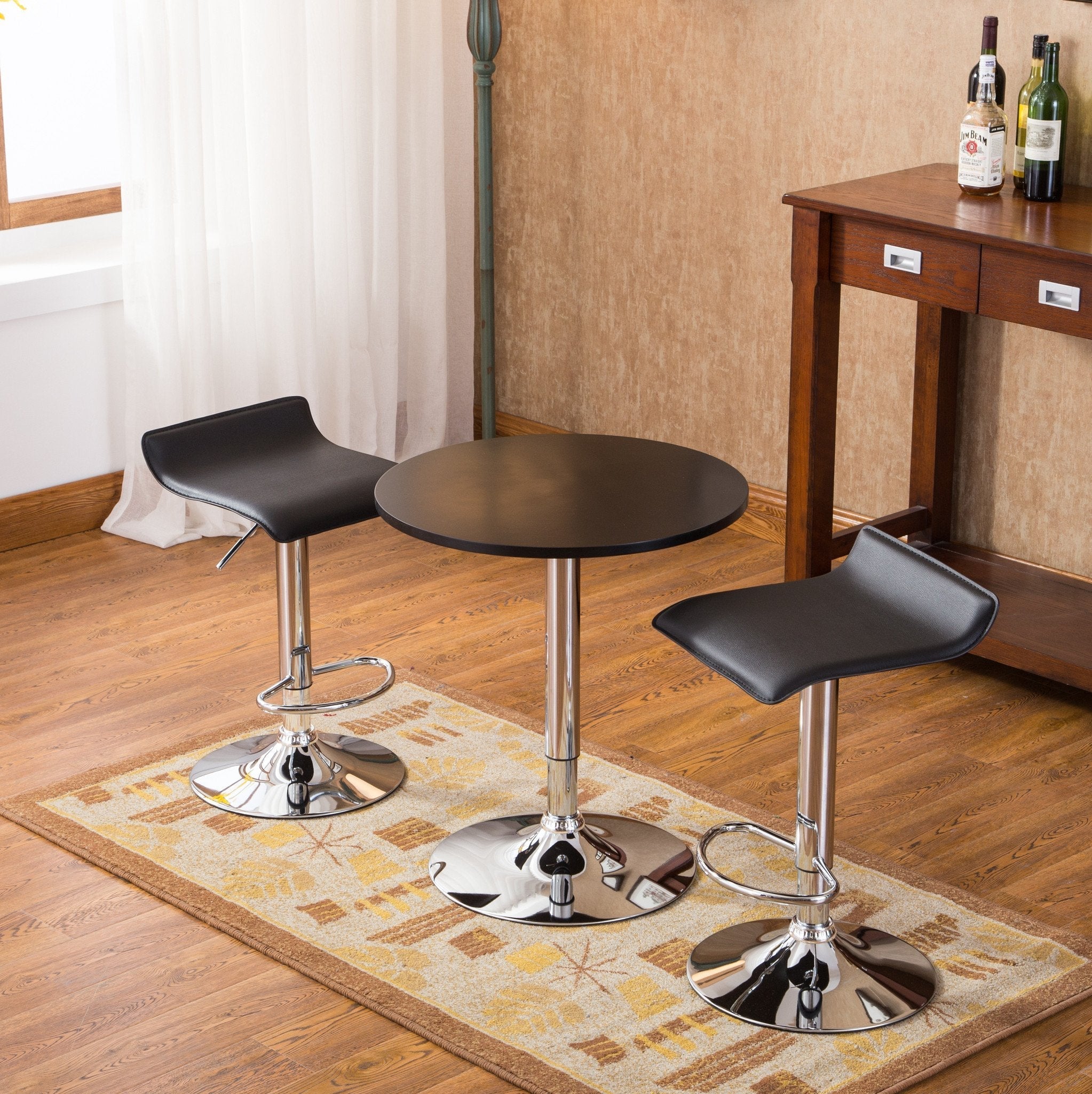 Baxton Adjustable Height Wood & Chrome Metal Bar Table with 2 Air Lift Swivel Stools - Modern Kitchen Island & Breakfast Nook Set for Home & Office