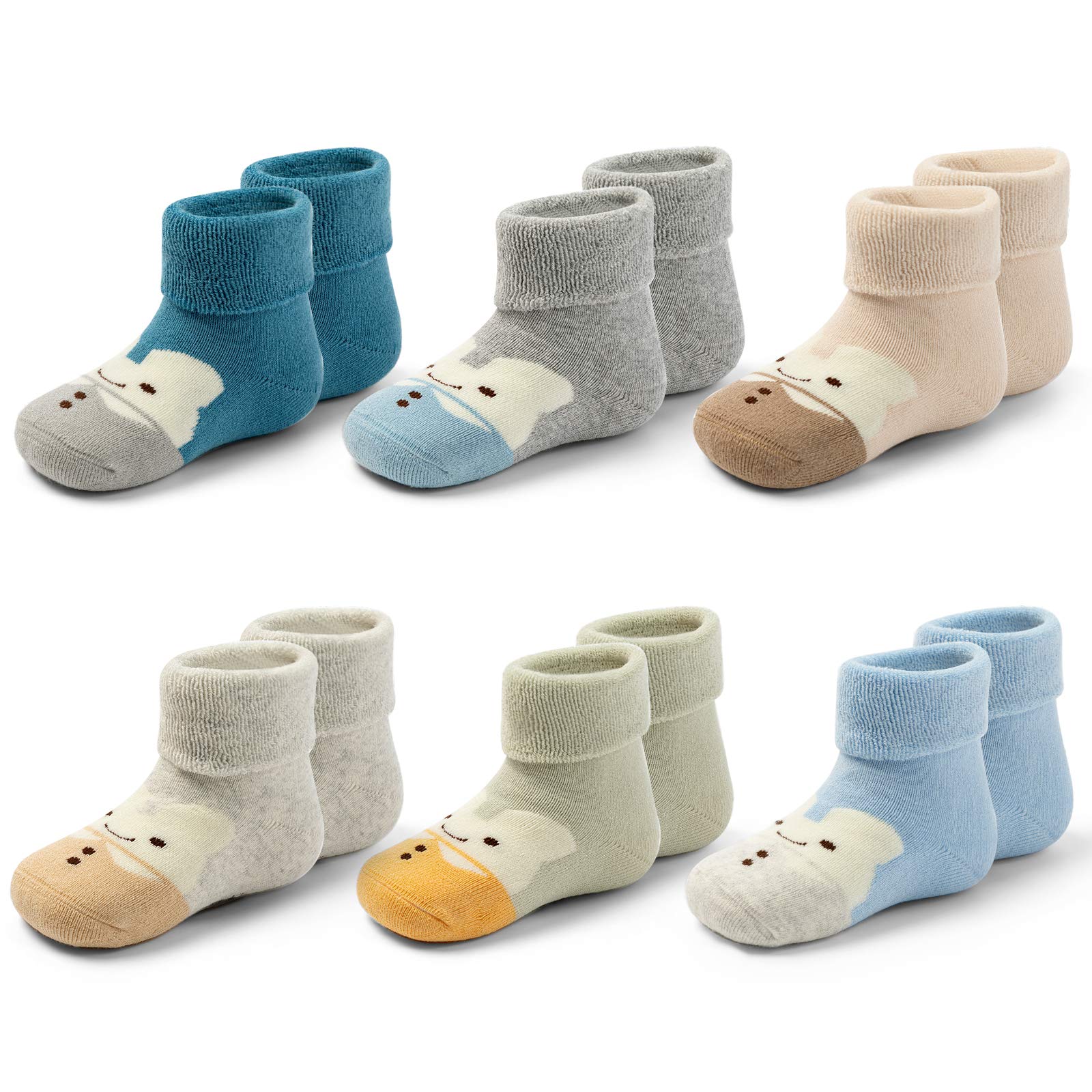 Non-Slip Baby Socks for Boys & Girls - 6 Pack Warm Winter Socks with Anti-Skid Grips for Crawling, Walking & Indoor/Outdoor Play