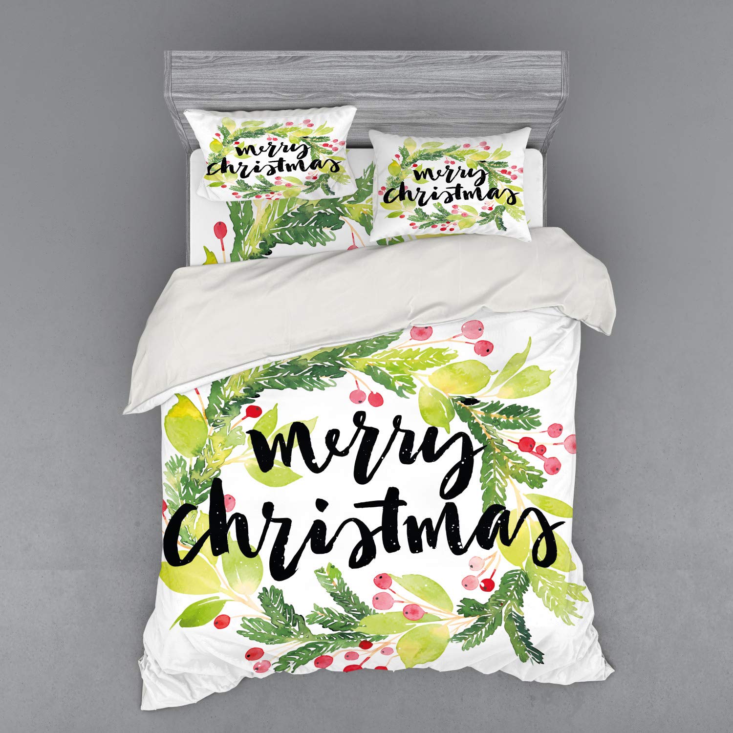 Ambesonne Christmas Duvet Cover Set - Watercolor Holiday Wreath & Mistletoe Design, 4-Piece Queen Size Bedding Set with Pillow Shams & Fitted Sheet (Black Green White) | Cozy Winter Bedroom Decor for Holiday Season