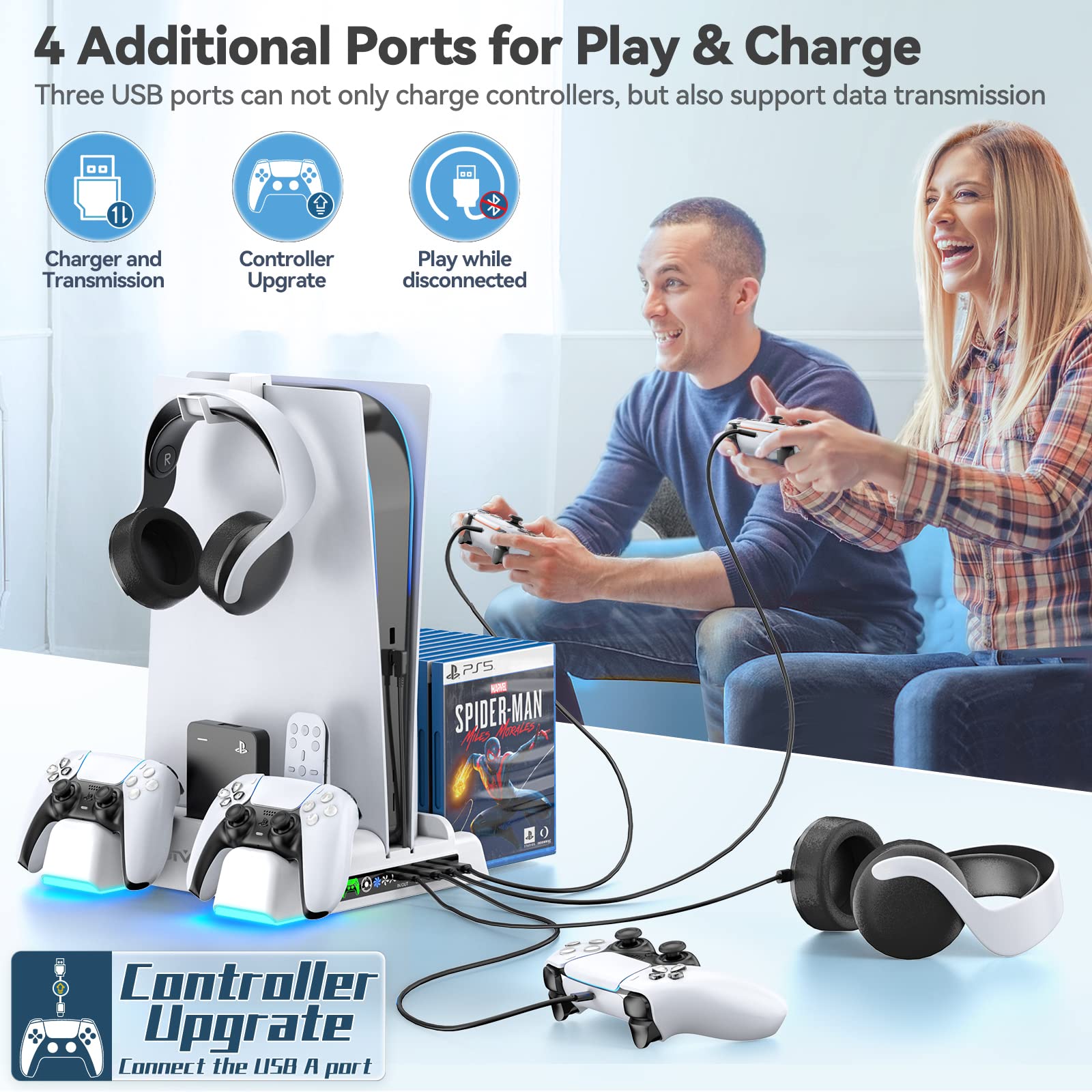 PS5 Stand Cooling Station with Dual Controller Charger & Headset Holder - Fast 2H Charging for PlayStation 5 Console - Enhanced Cooling Fan for Better Performance - Perfect for Gaming Setup & Entertainment System Accessories