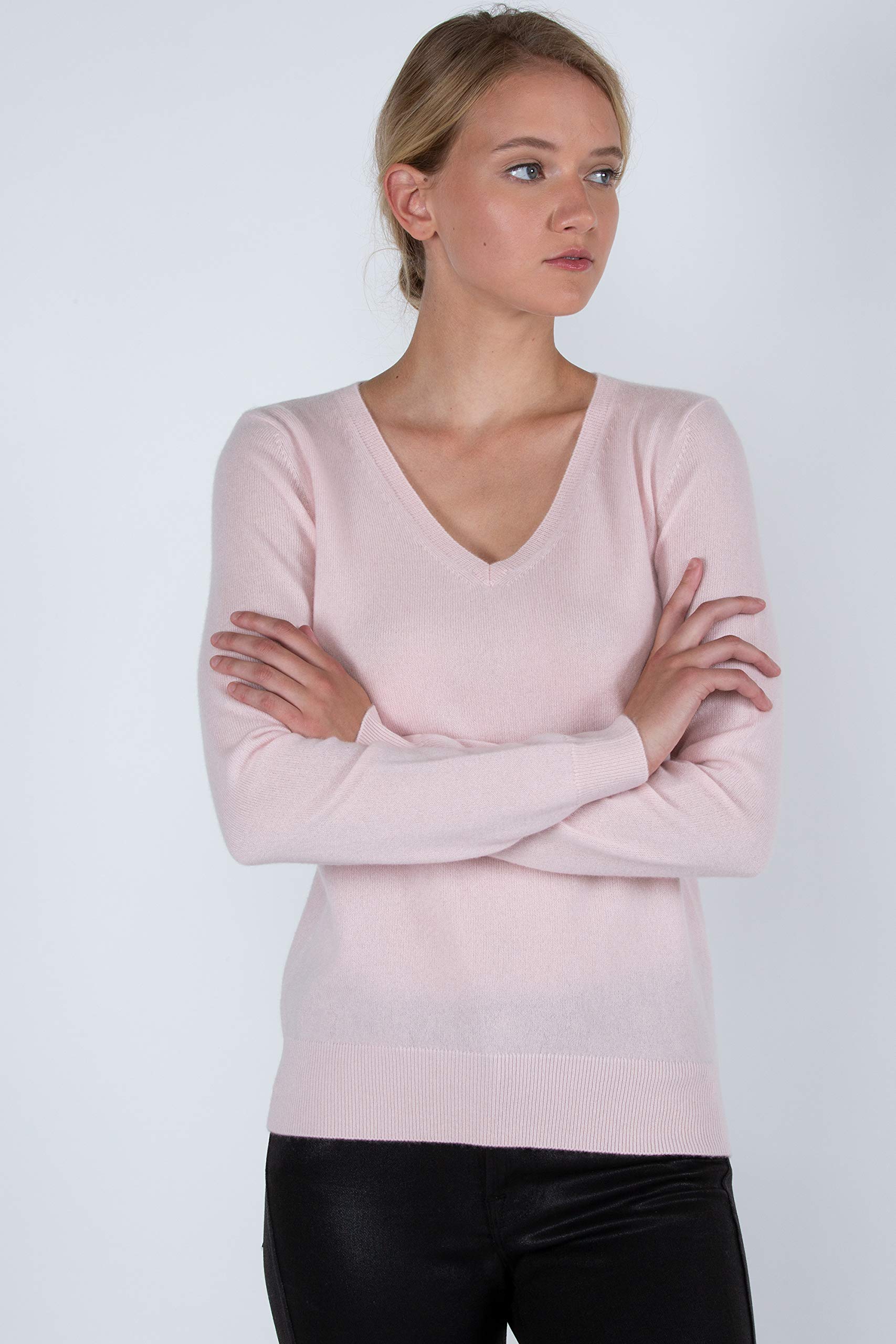 JENNIE LIU Women's 100% Pure Cashmere Long Sleeve V-Neck Pullover Sweater - Soft & Warm Winter Knitwear for Office, Dating & Casual Outfits