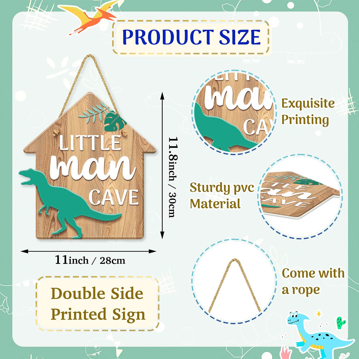 Dinosaur Room Decor for Boys - Hanging PVC Plastic Sign for Bedroom, Playroom & Nursery - Little Man Cave Theme - 11.8x11 Inch Kids Wall Art - Perfect for Birthday Gifts & Boys' Room Decoration