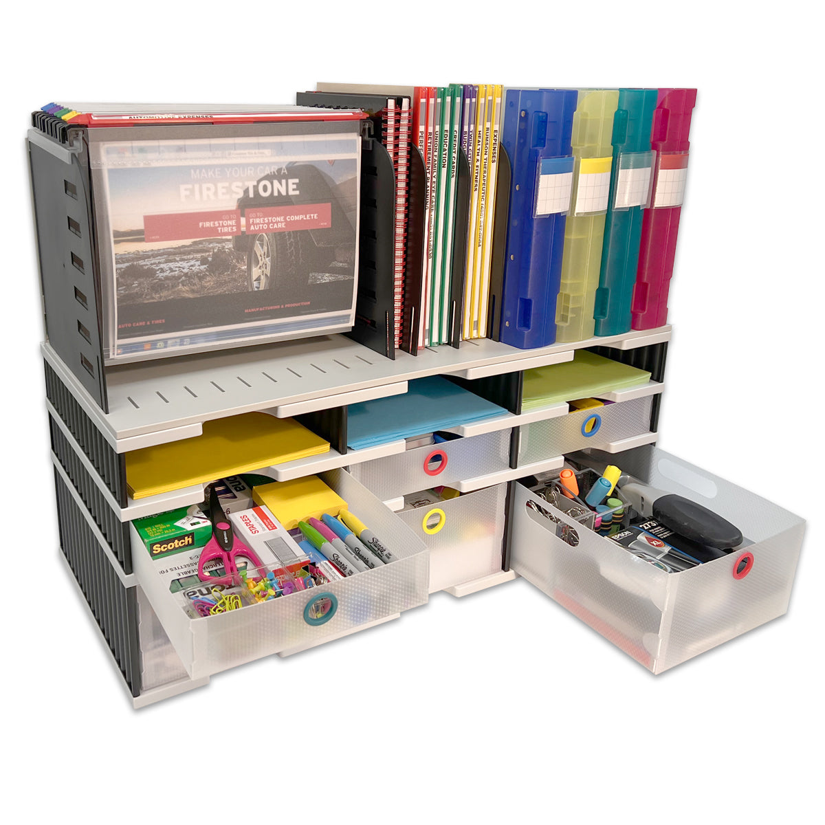 6-Slot Desktop Organizer with Riser Base & Hanging File - 3 Storage Drawers + 3 Supply Drawers - Vertical Space Saver for Documents, Binders & Office Supplies - Perfect for Home Office, Workspace & School Organization