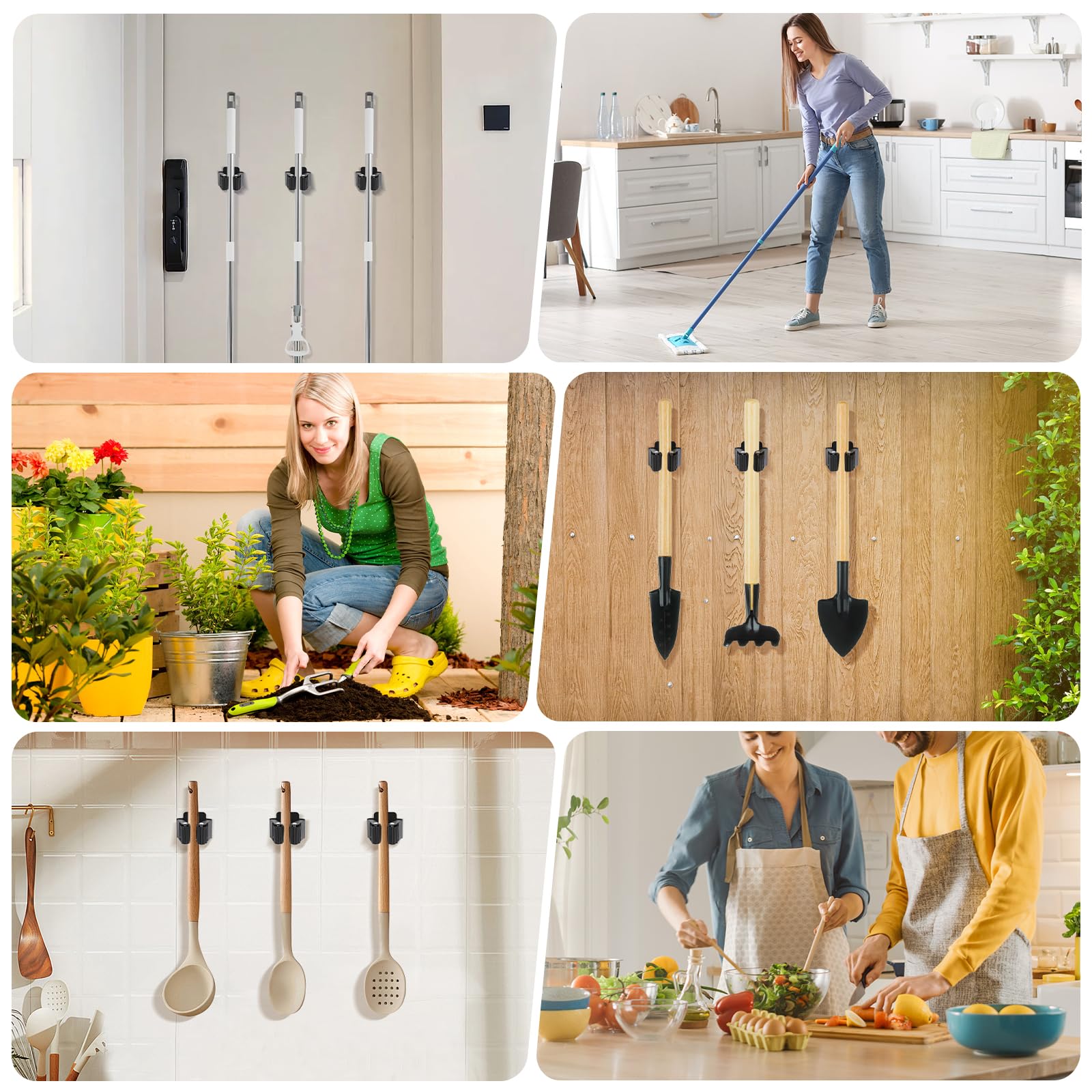 **4-Pack Heavy Duty Stainless Steel Broom Holder Wall Mount - Mop Hanger Organizer with Screws for Garage, Garden & Outdoor Tool Storage (Black)**
