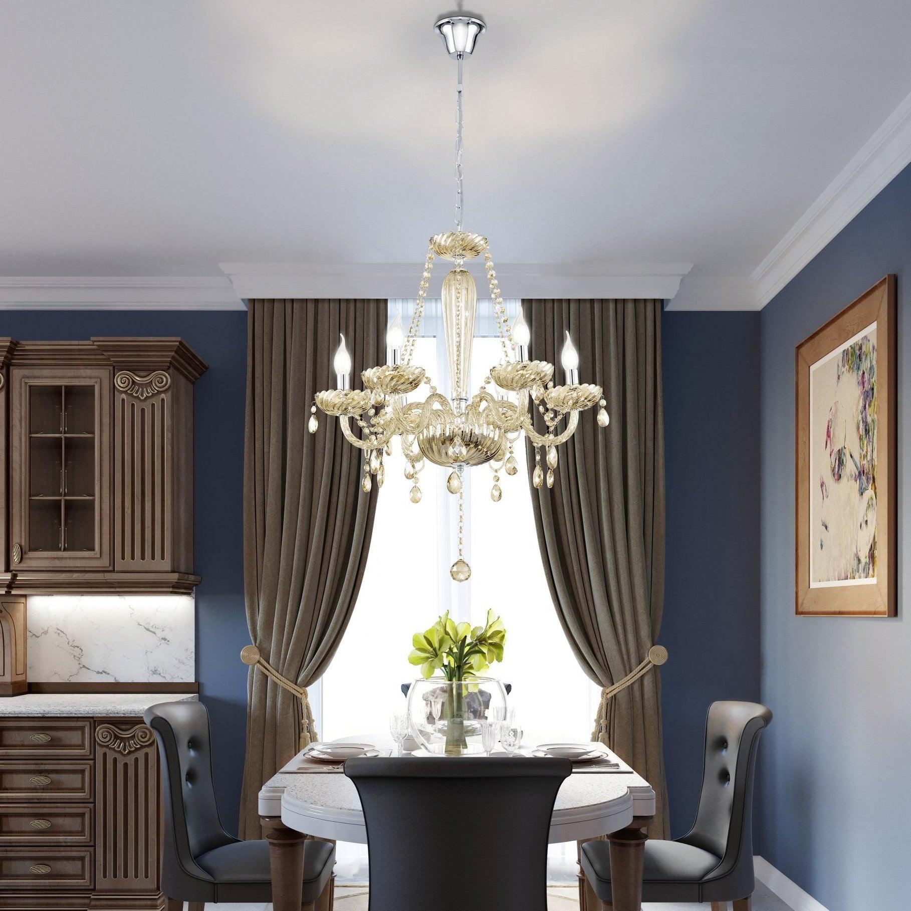 Eglo Basilano 6-Light Chrome & Cognac Glass Chandelier - Modern Dining Room Lighting Fixture for Kitchen Island, Foyer, and Bedroom Ceiling