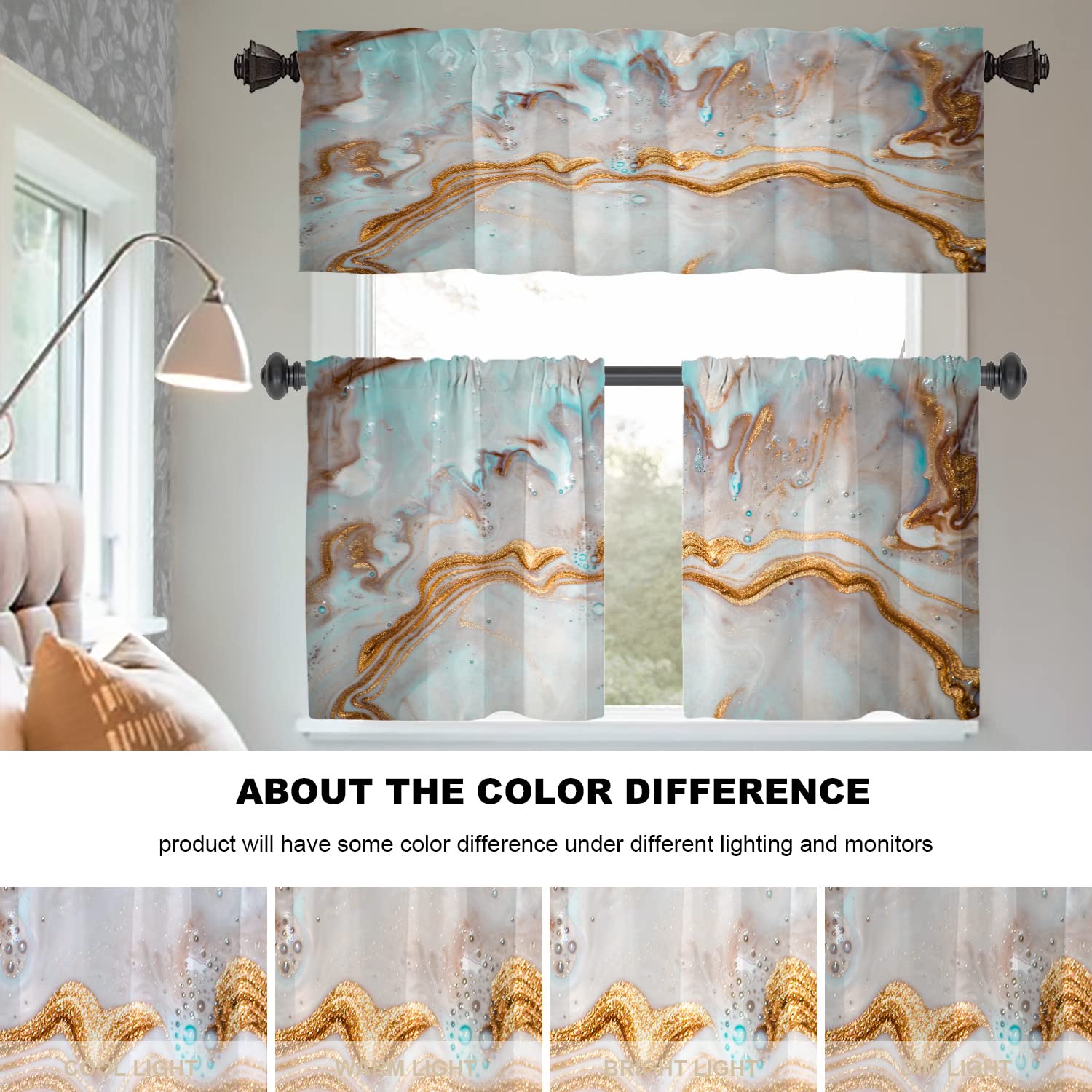 Blue Modern Marble Kitchen Tier Curtains - Steel Blue Abstract Blackout Valances, 2-Pack 26x24 Inch Multilayer Polyester Window Treatments for Kitchen & Dining Room | Perfect for Home Decor, Privacy & Light Control