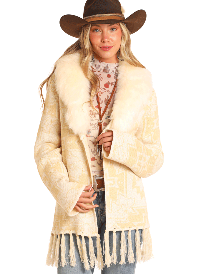 Panhandle DW95C04145 Women's Aztec Fringe Cardigan Sweater - Natural Color Boho Chic Knitwear for Fall & Winter | Perfect for Casual Outfits, Music Festivals, and Layering