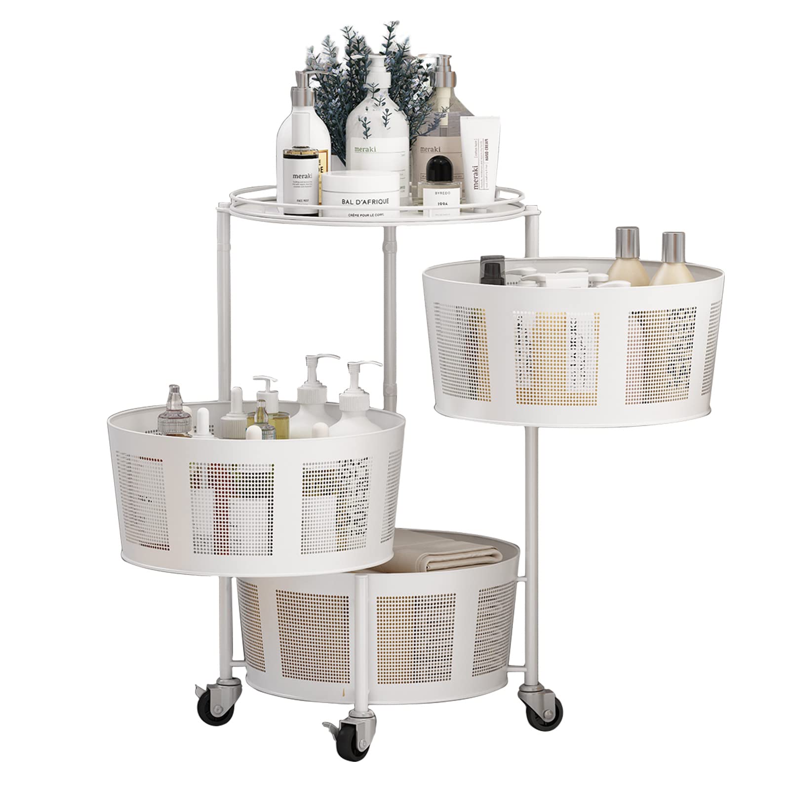 3-Tier Rotating Storage Rack with Wheels - Round Kitchen Organizer Shelf for Vegetables, Fruits & Household Items - Space-Saving Floor Standing Storage Basket for Kitchen, Living Room & Bathroom - White - Perfect for Small Spaces & Clutter-Free Organization