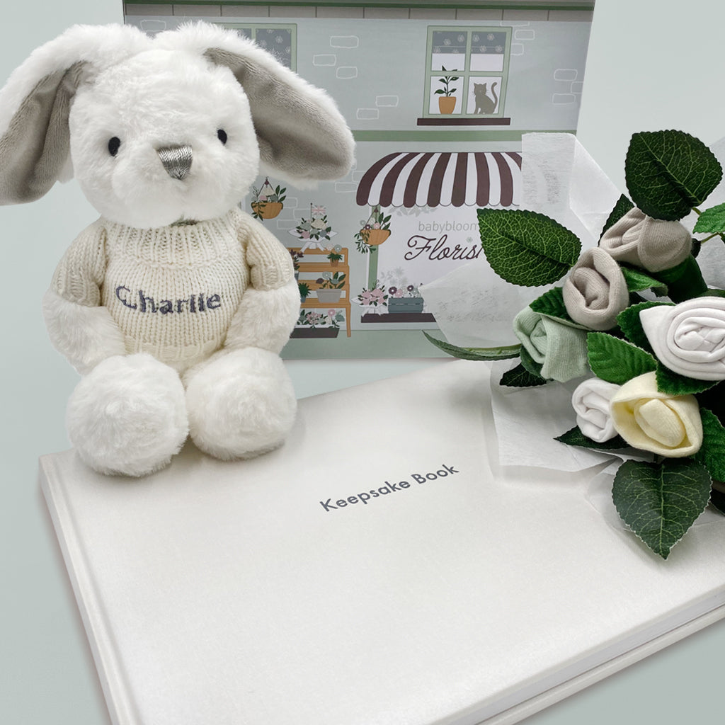 Personalized Baby Blessing Keepsake Gift Basket with Little Gray Bunny - Perfect for Newborn Gifts, Baby Showers & Christening Presents