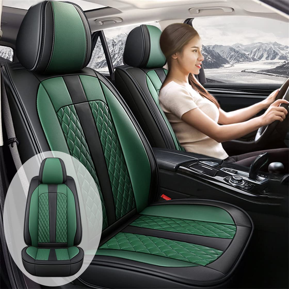 Premium Faux Leather Car Seat Covers for Jaguar F-PACE, XE, XF, XFR, XJ6, XJ8, XJL, XK, XK8, XKR - Full Set Front & Rear Seat Protectors (Black/Green) | Waterproof & Comfortable for Daily Commute & Road Trips