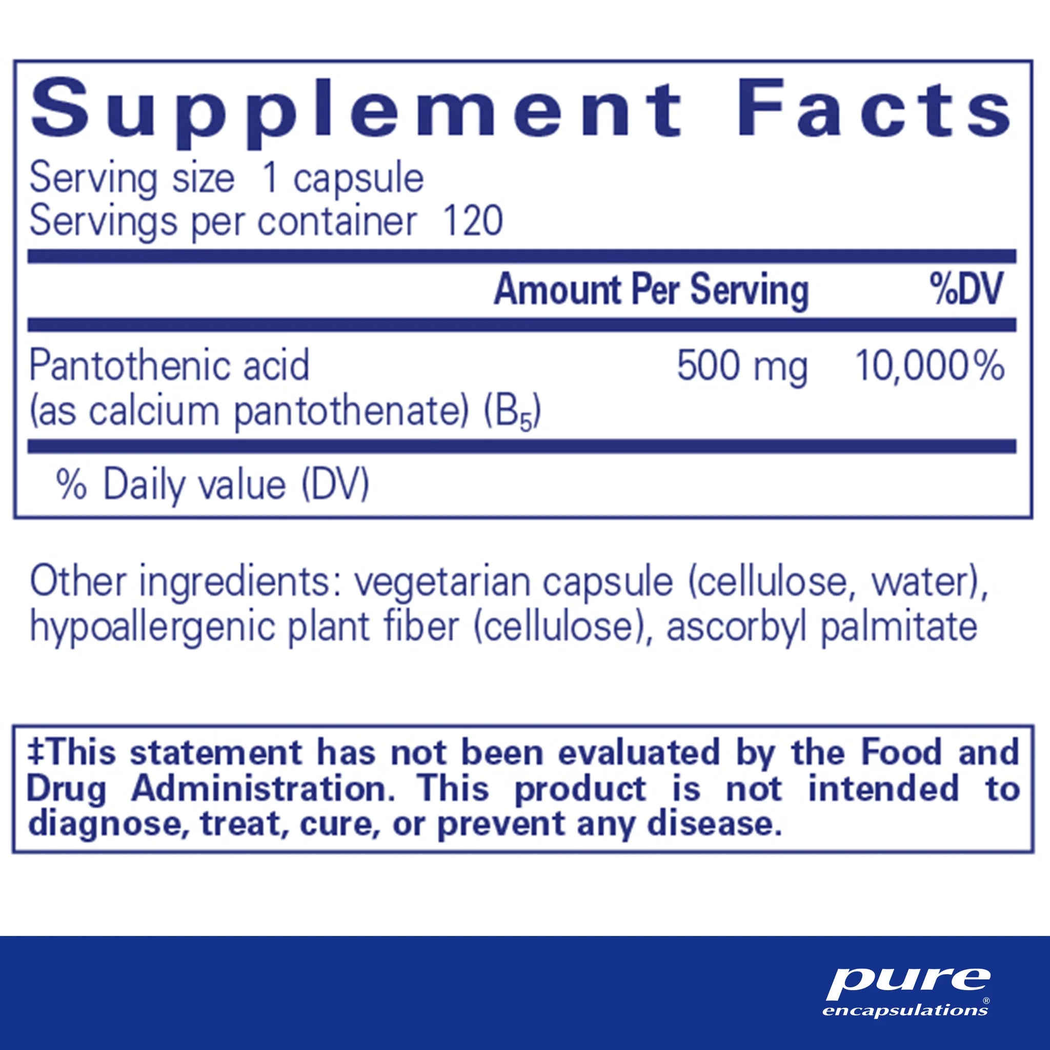 Pure Pantothenic Acid (Vitamin B5) Supplement - Supports Skin, Hair & Energy - Vegan & Non-GMO - for Daily Wellness & Stress Relief