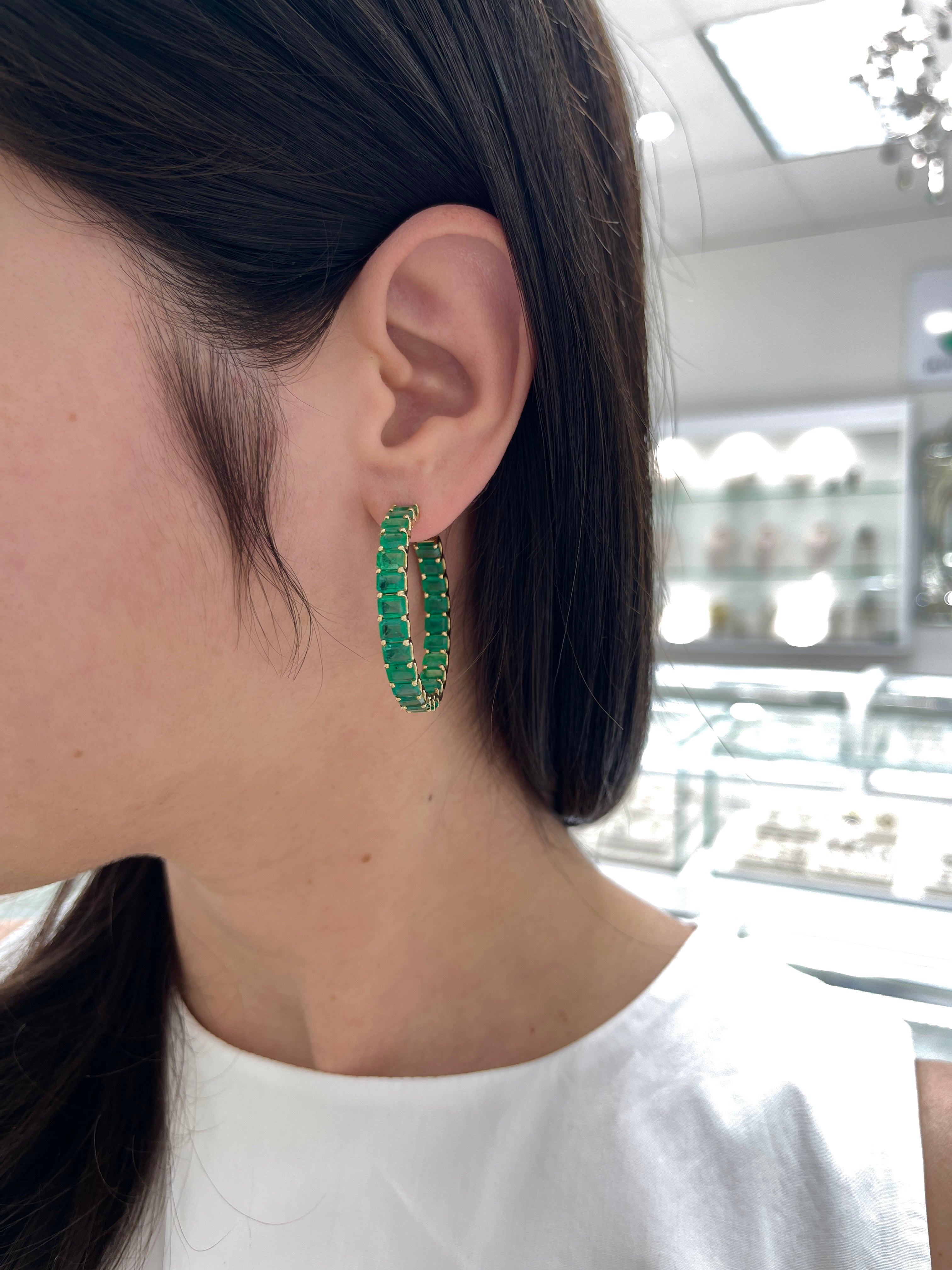 20.69ct Natural Grand Emerald East-West Hoop Earrings for Women - Elegant Statement Jewelry for Parties, Weddings & Special Occasions
